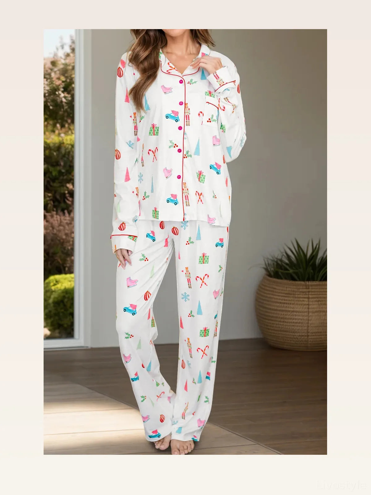 Christmas Print Collared Long Sleeve Top and Pants Pajama Set