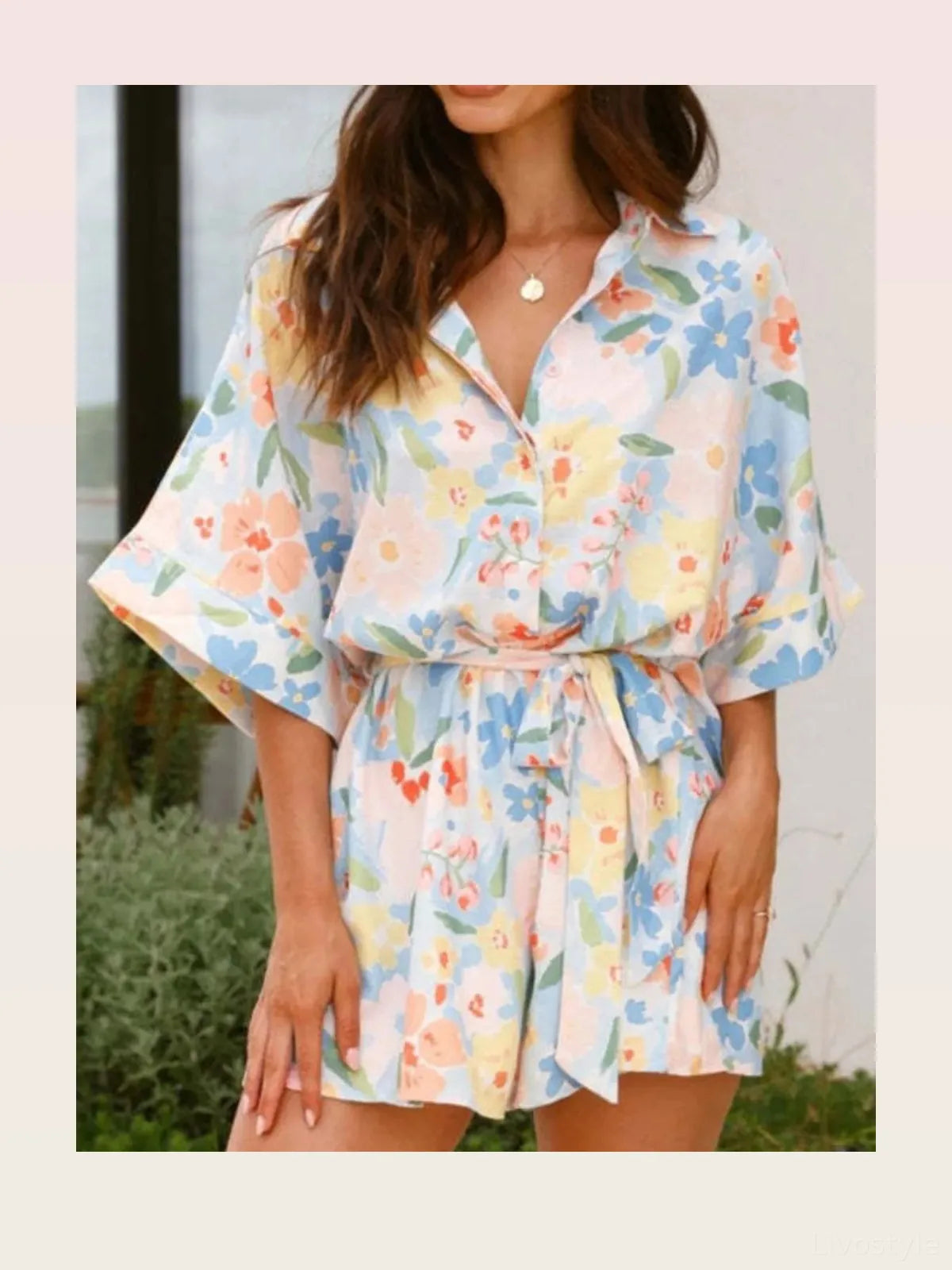 Pastel Floral Print Half Sleeve Tie Waist Romper