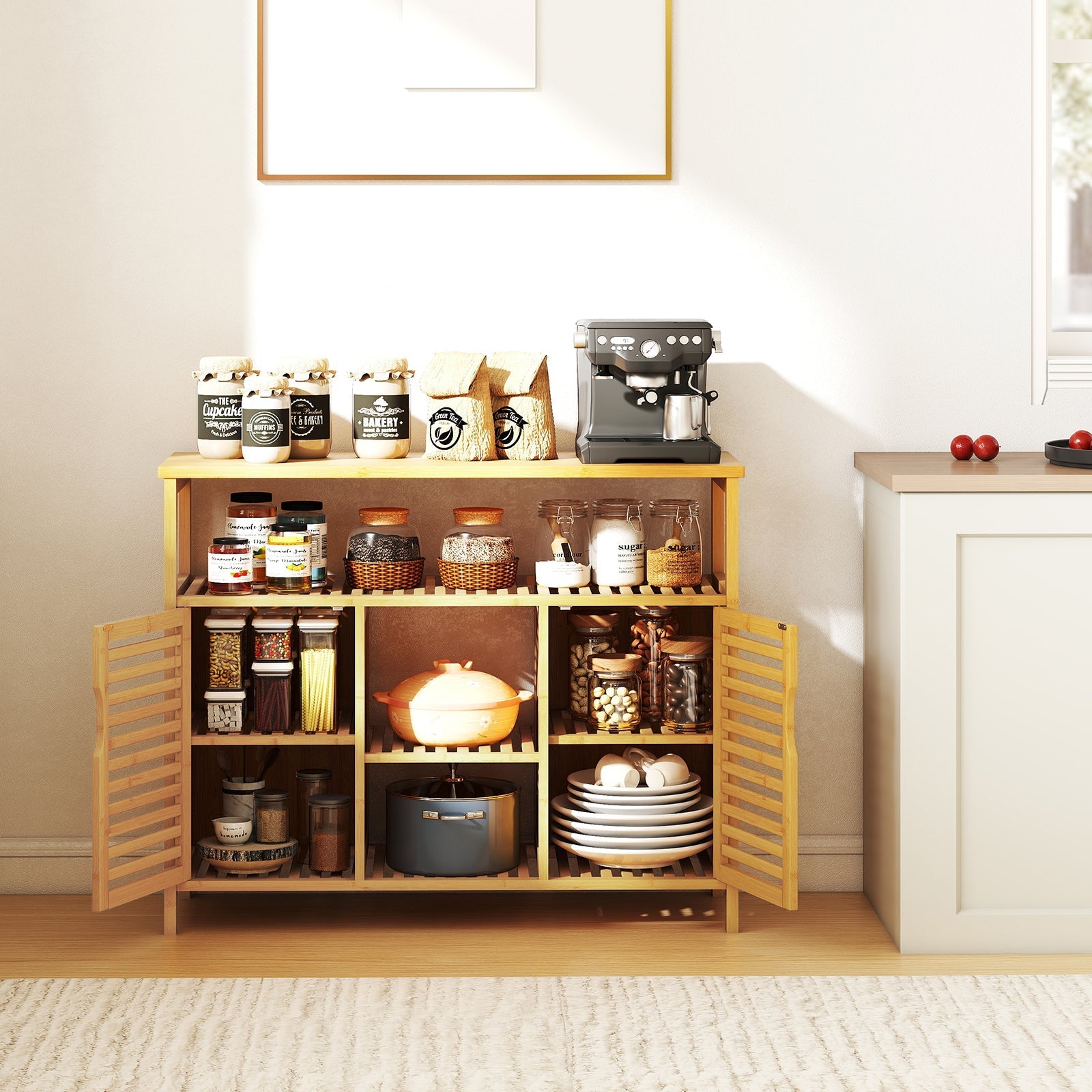 Bamboo Bathroom Cabinet with Shelves and Doors-Natural