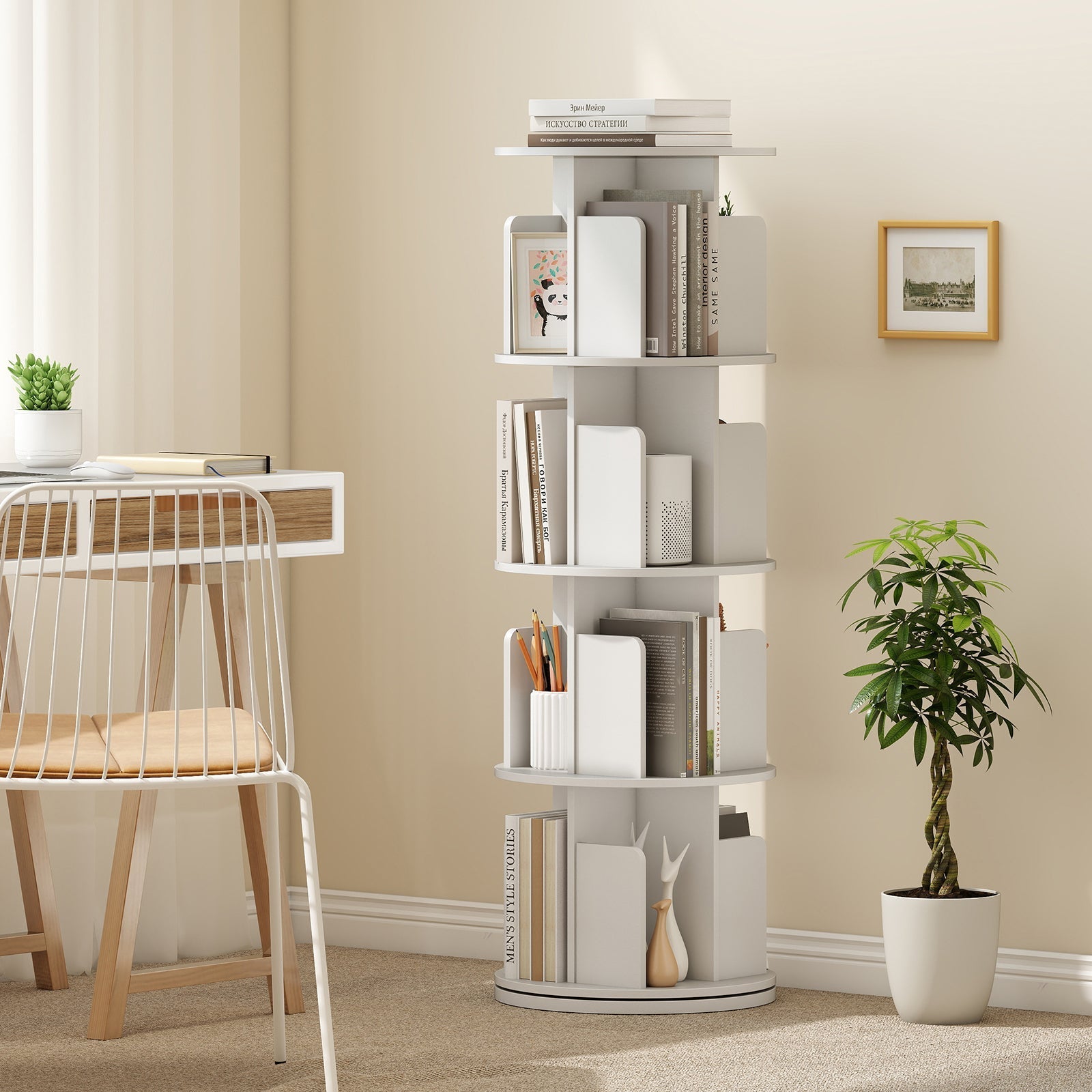 4-Tier Rotating Bookshelf 360¬∞ Display Rack with Dividers and Anti-falling Baffles
