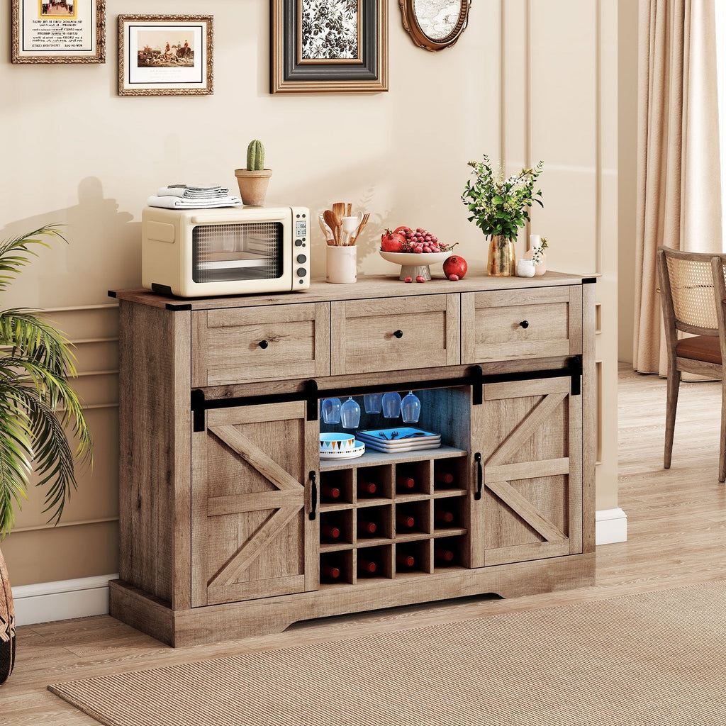 52 Inches Wine Bar Cabinet with LED Lights and Sliding Barn Doors