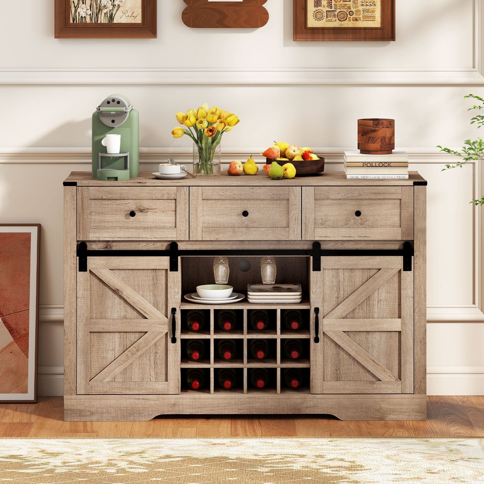 52 Inches Wine Bar Cabinet with LED Lights and Sliding Barn Doors