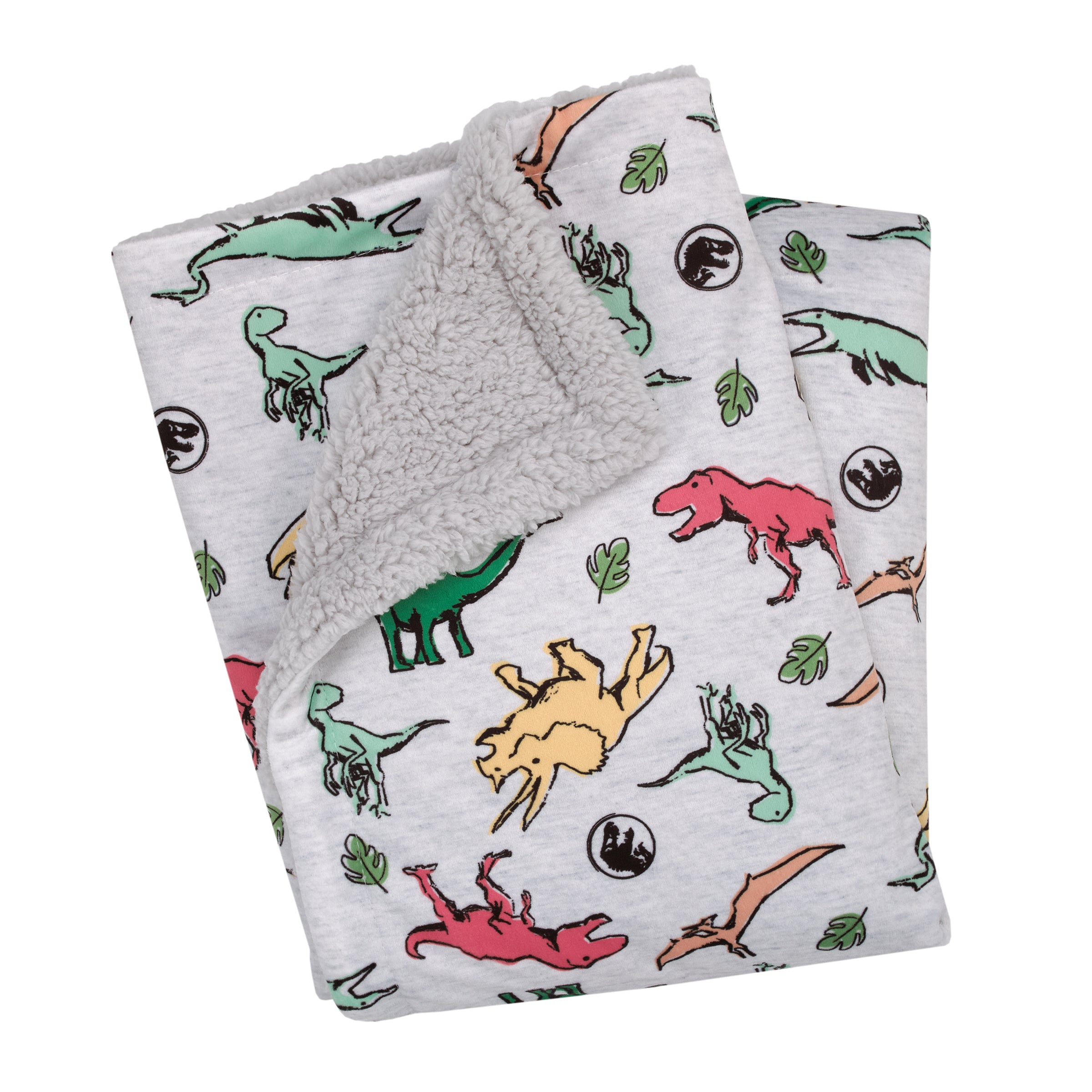Jurassic World Grey, Green, Orange and Yellow Dinosaur Super Soft Sherpa Baby Blanket