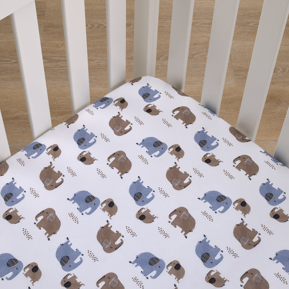 Blue Elephant - White and Tan Elephants Super Soft Fitted Crib Sheet