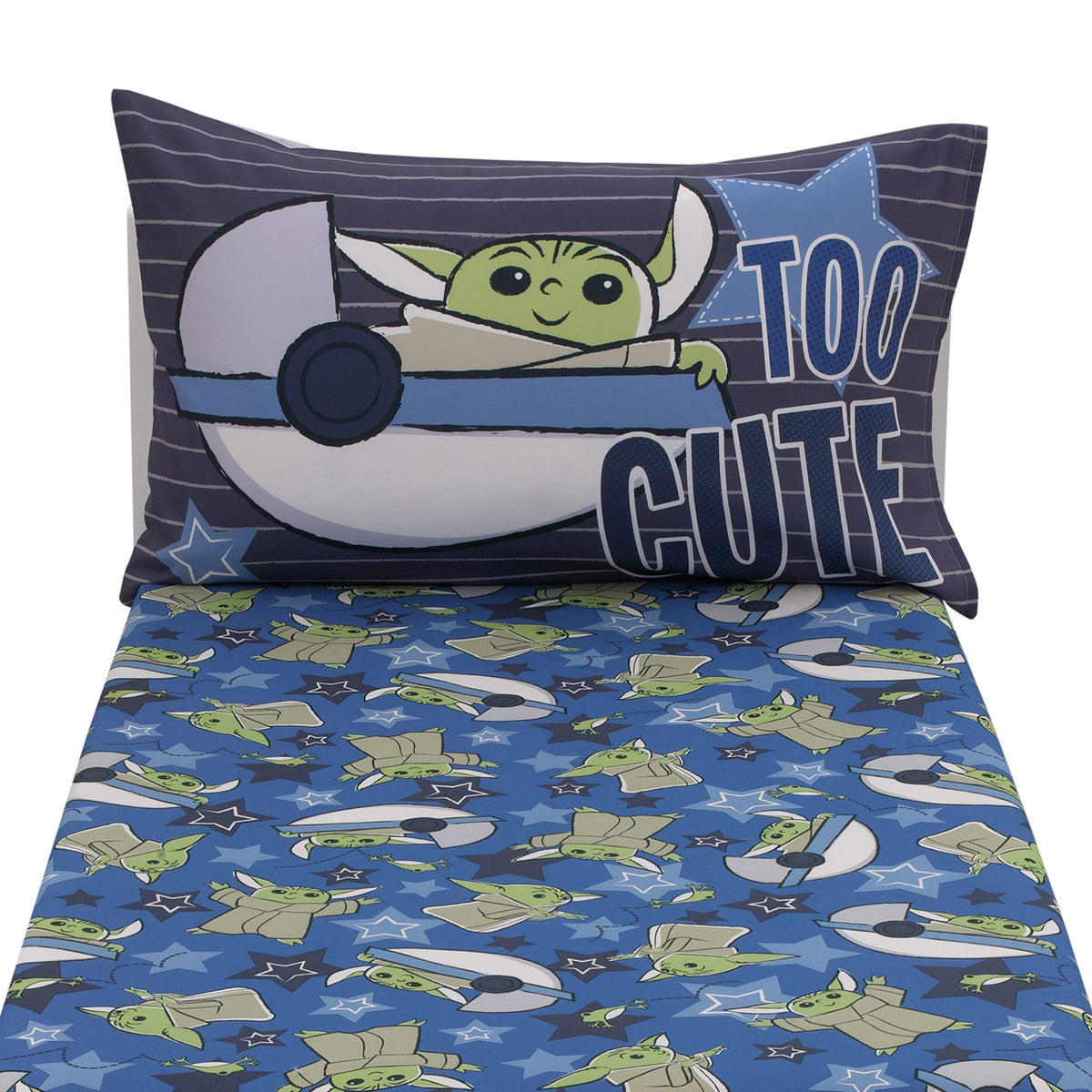 The Child Cutest in the Galaxy Blue, Green, and Gray Grogu and Hover Pod 2 Piece Toddler Sheet Set - Fitted Bottom Sheet and Reversible Pillowcase