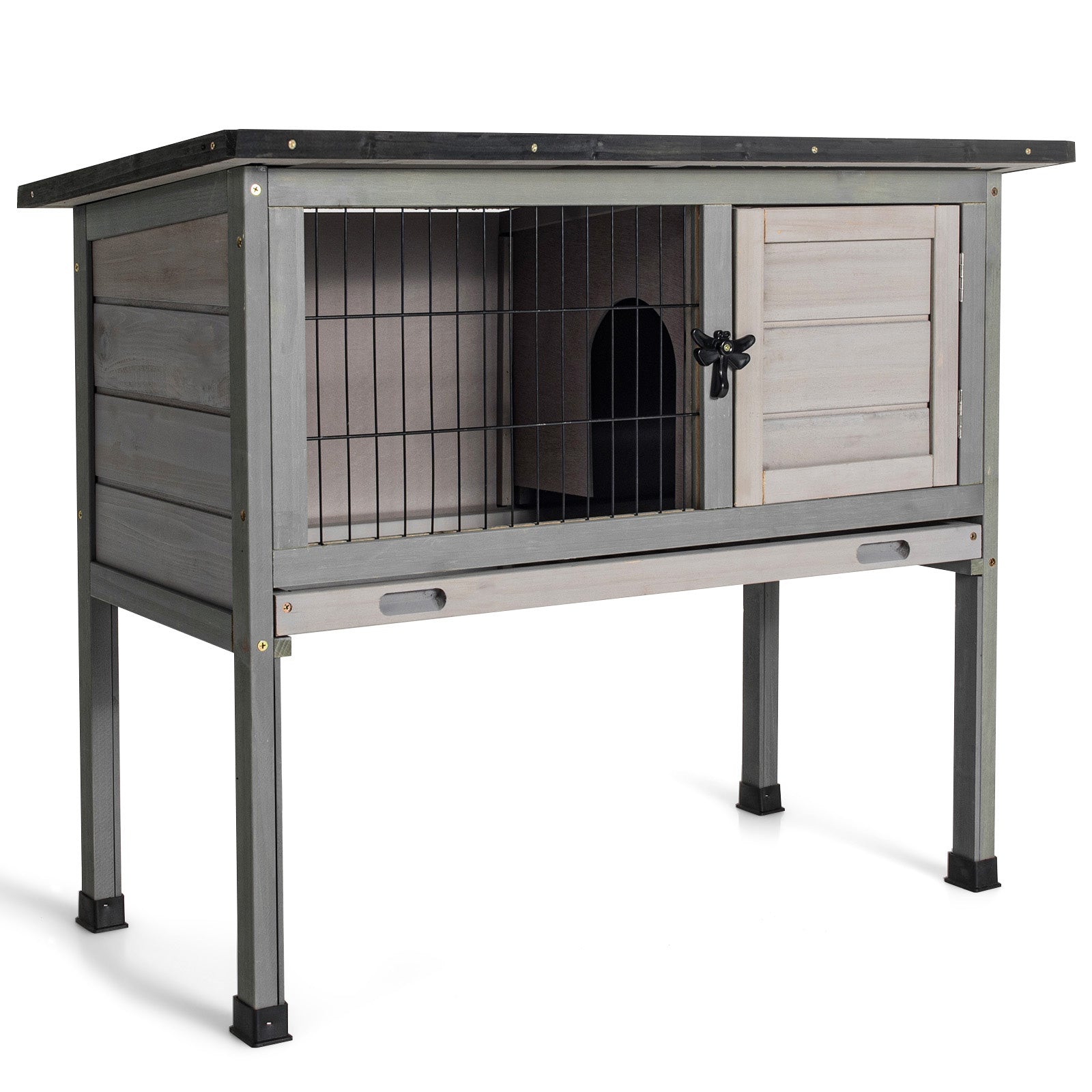 Small Elevated Rabbit Hutch with Hinged Asphalt Roof and Removable Tray