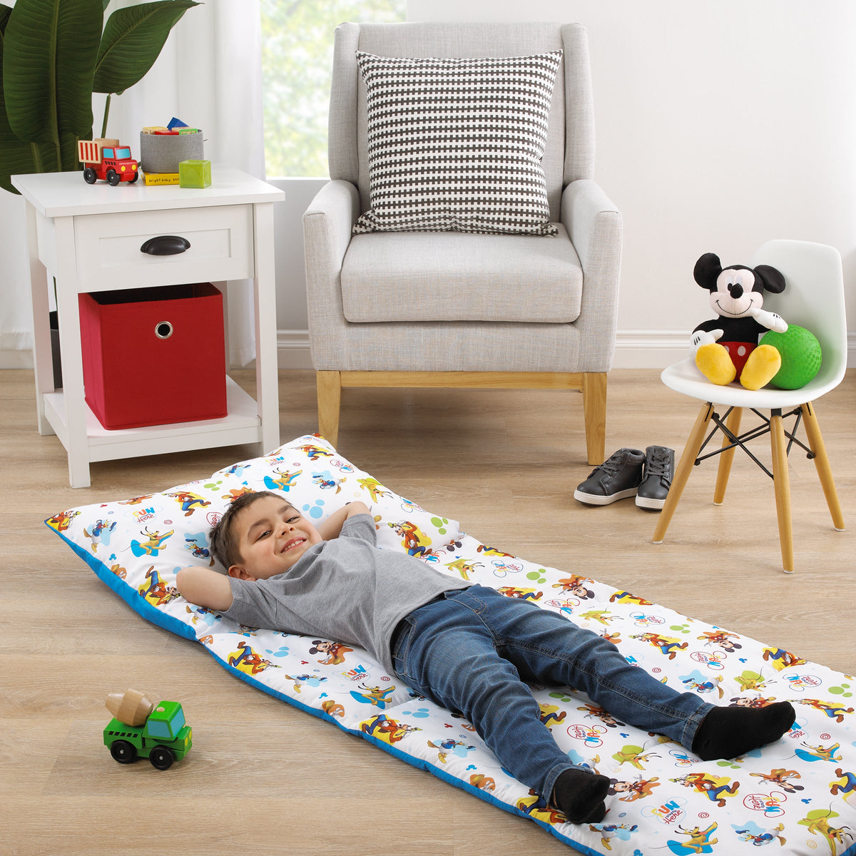 Mickey Mouse Blue, Red, Green, Yellow, and White, Donald Duck, Pluto, and Goofy, Fun Starts Here Deluxe Easy Fold Toddler Nap Mat