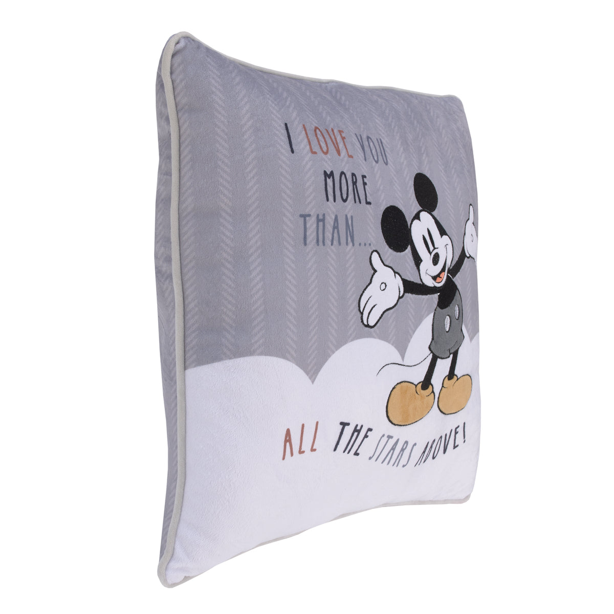 Mickey Mouse Love Mickey Gray, White, Black, and Tan I Love You More Than All The Stars Above Applique Decorative Pillow