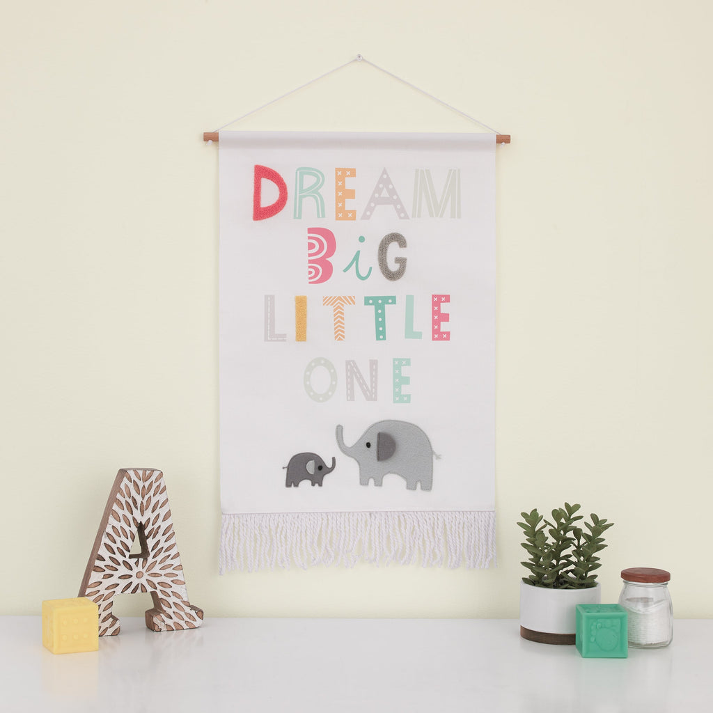 Dream Big Little One White, Gray, Teal, and Orange, Mama and Baby Elephants Wall DÃ©cor Banner