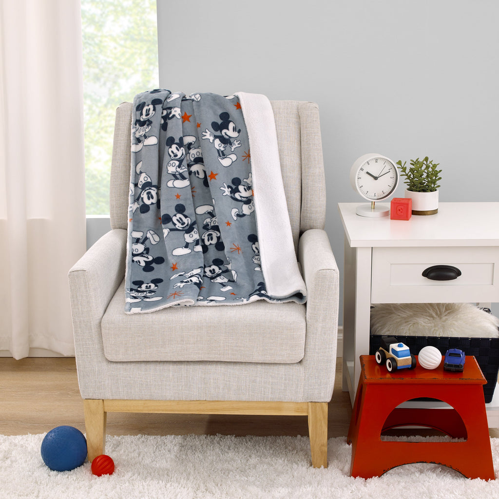 Mickey Mouse Gray, Navy, White and Red Stars Super Soft Sherpa Baby Blanket