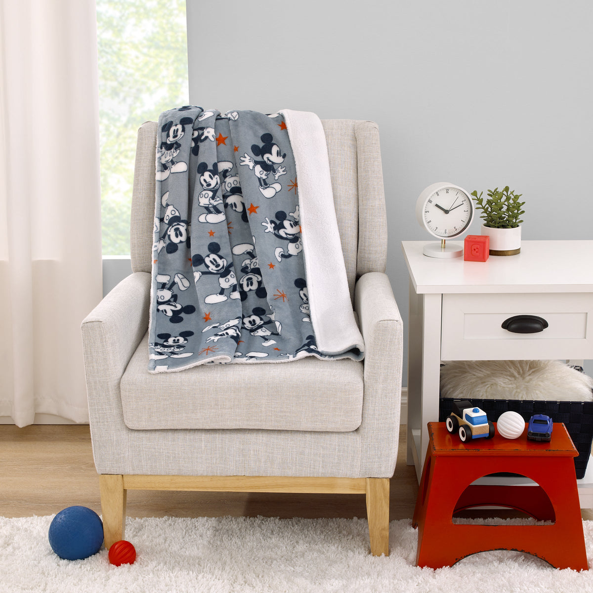 Mickey Mouse Gray, Navy, White and Red Stars Super Soft Sherpa Baby Blanket