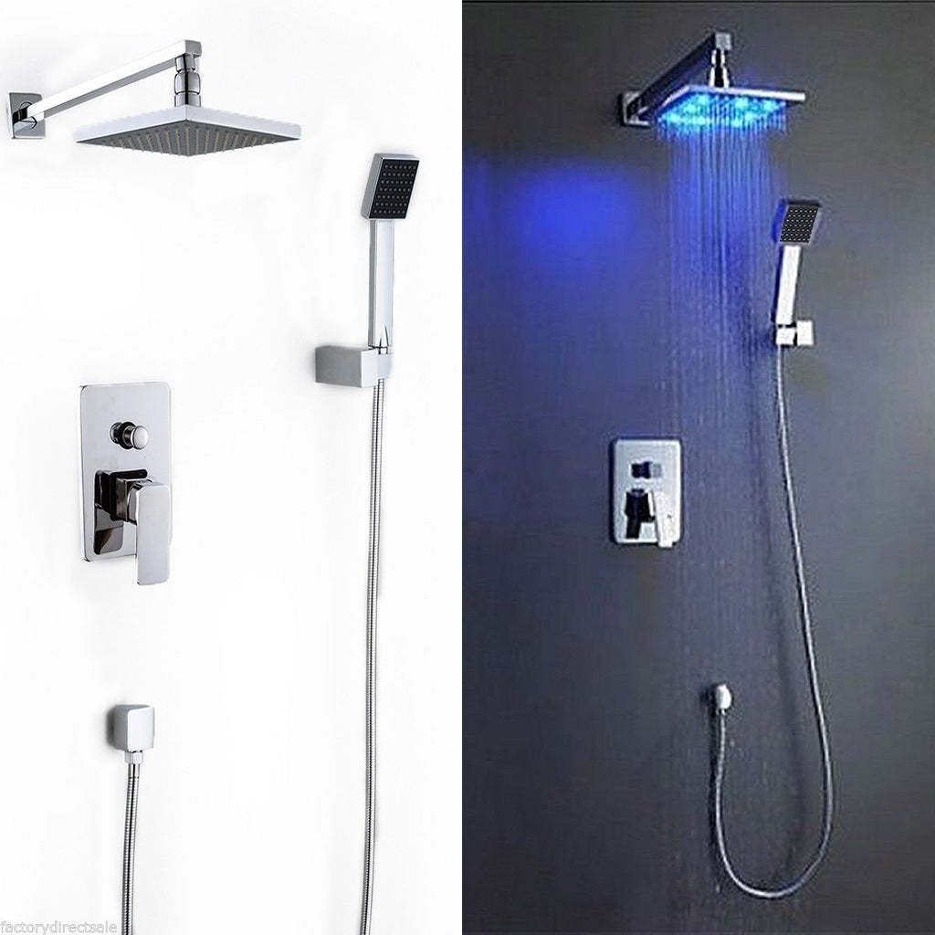 8 Inch LED Rainfall Shower head Arm Control Valve Handspray Shower Faucet Set
