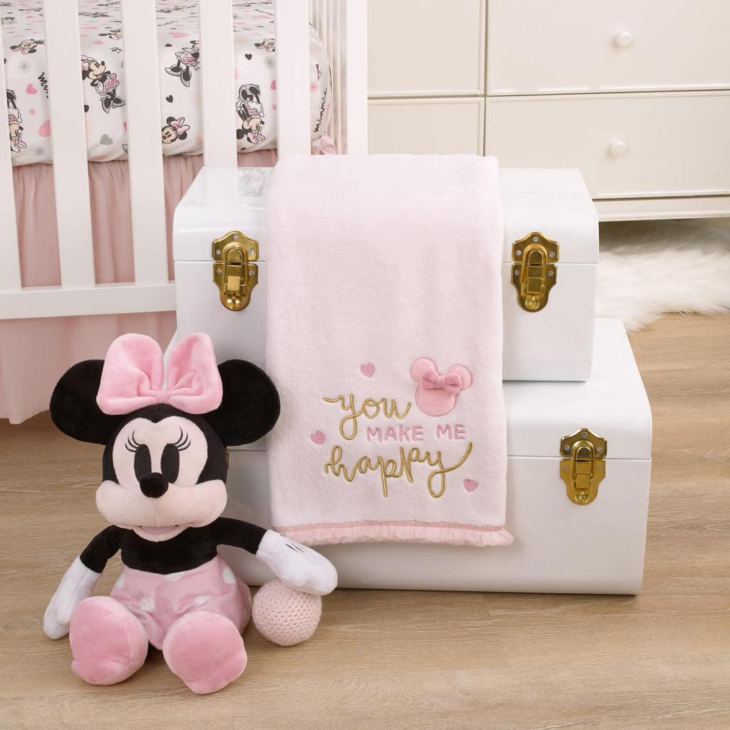 Minnie Mouse My Happy Place Pink Super Soft Appliqued Baby Blanket