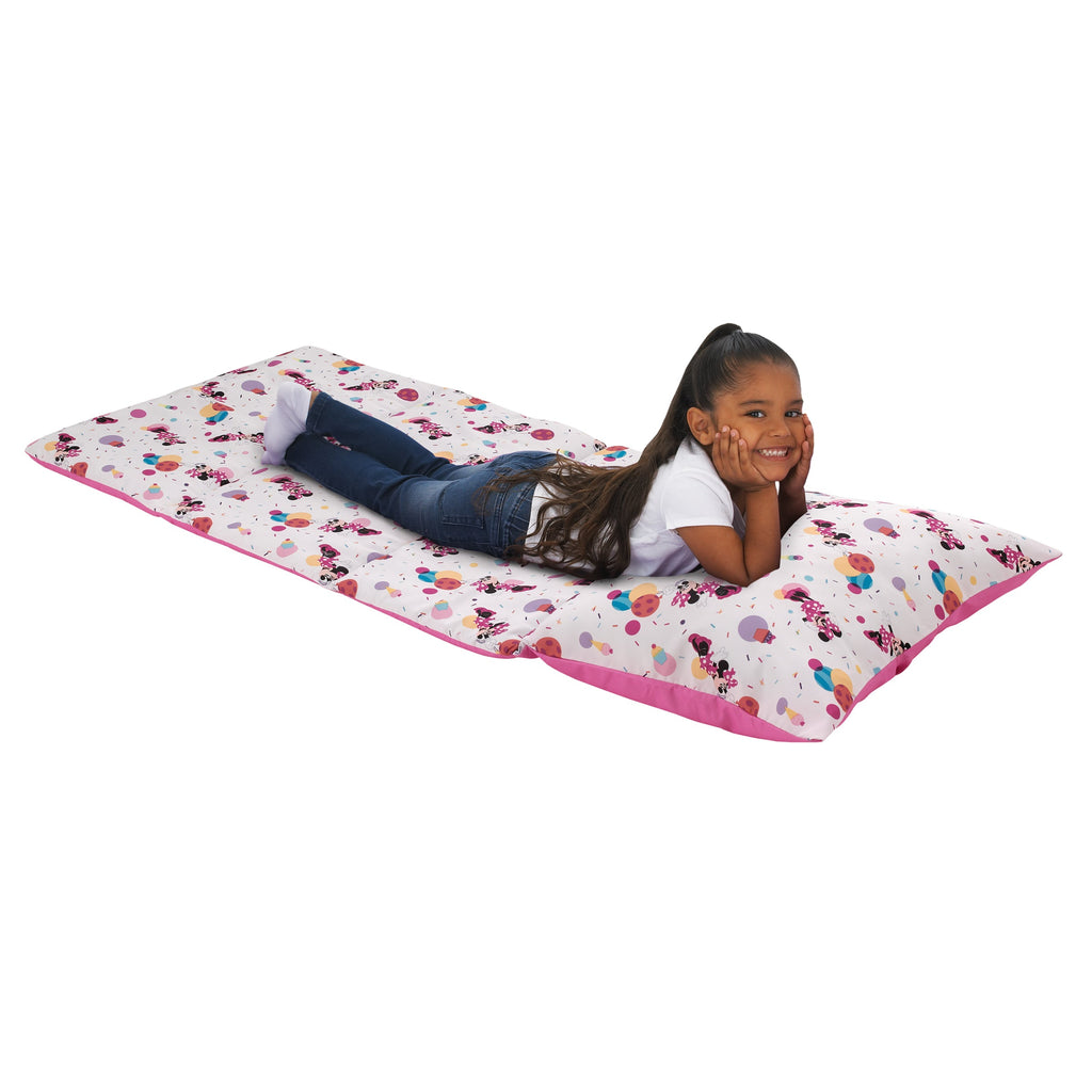 Minnie Mouse Let's Party Pink, Lavender, and White Balloons, Cupcakes, and Confetti Deluxe Easy Fold Toddler Nap Mat