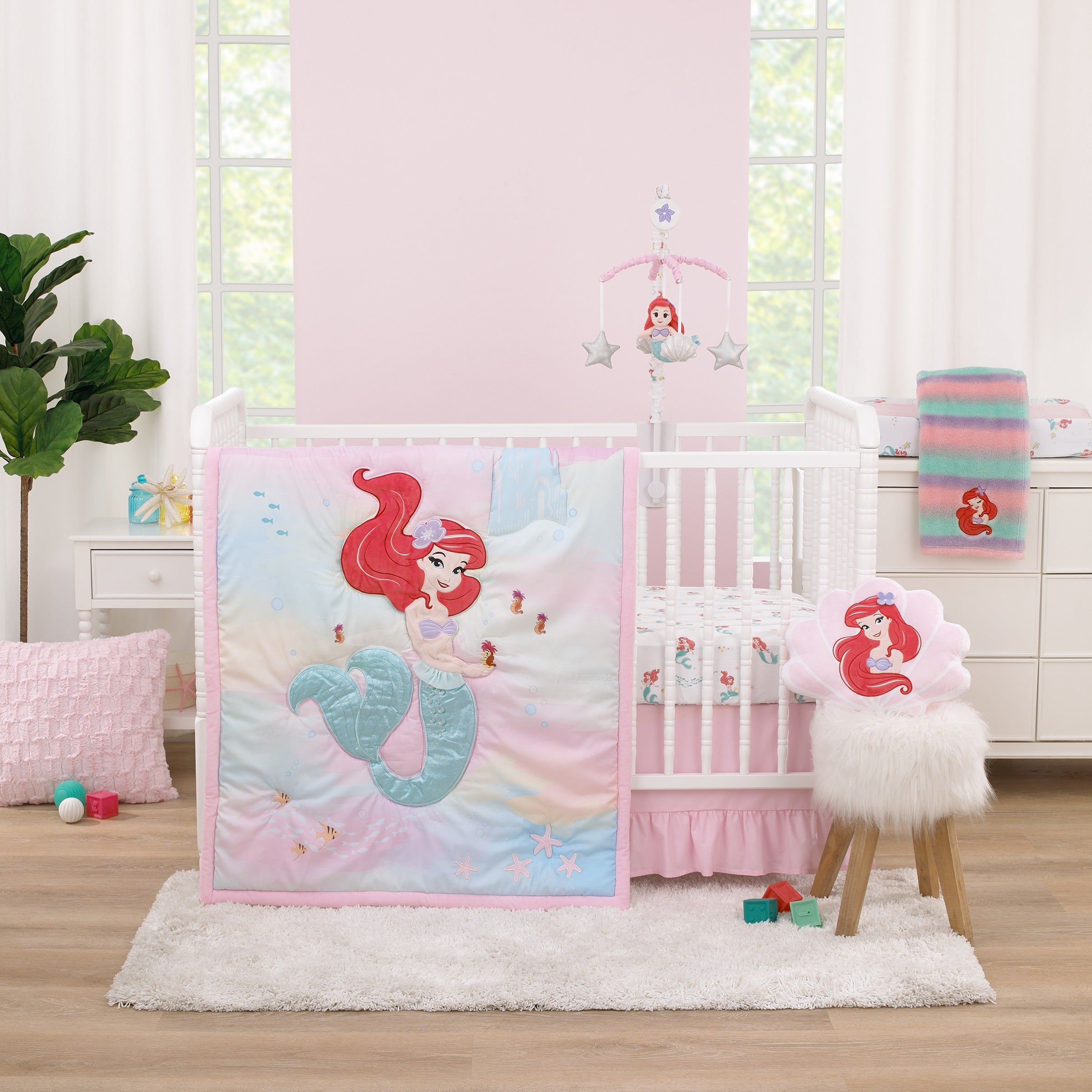 Disney Ariel Watercolor Wishes Aqua, Pink and White Never Stop Exploring 100% Cotton Photo Op Fitted Crib Sheet