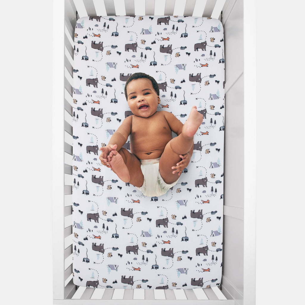 Woodland Friends White and Multi Colored Bear, Fox, Squirrel, Tree, and Camper Fitted Crib Sheet
