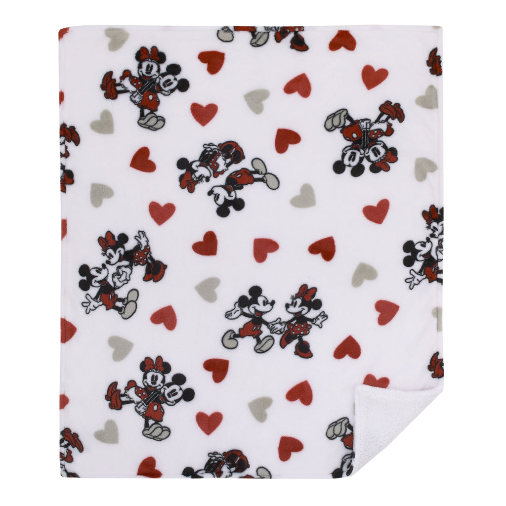 Mickey Mouse & Minnie Mouse Red, Gray, and White Valentine Hearts Super Soft Sherpa Baby Blanket