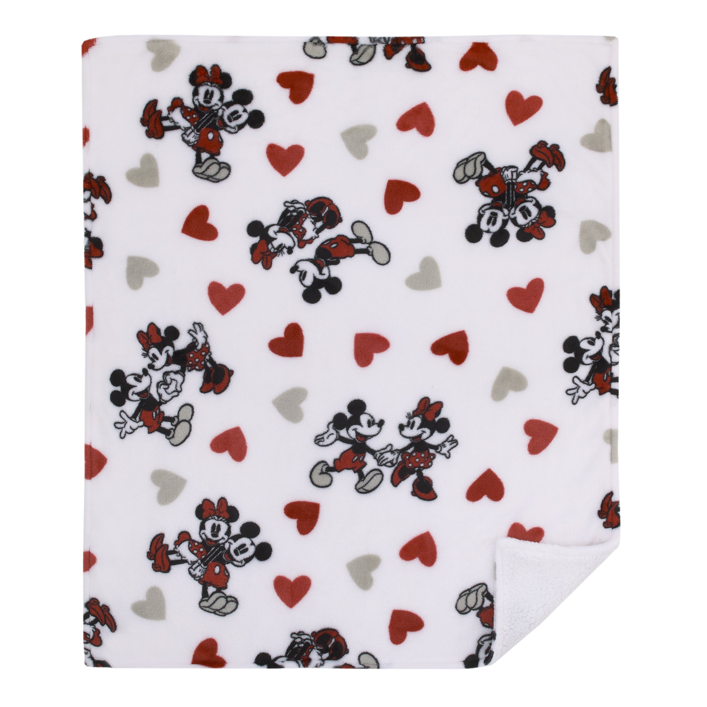 Mickey Mouse & Minnie Mouse Red, Gray, and White Valentine Hearts Super Soft Sherpa Baby Blanket