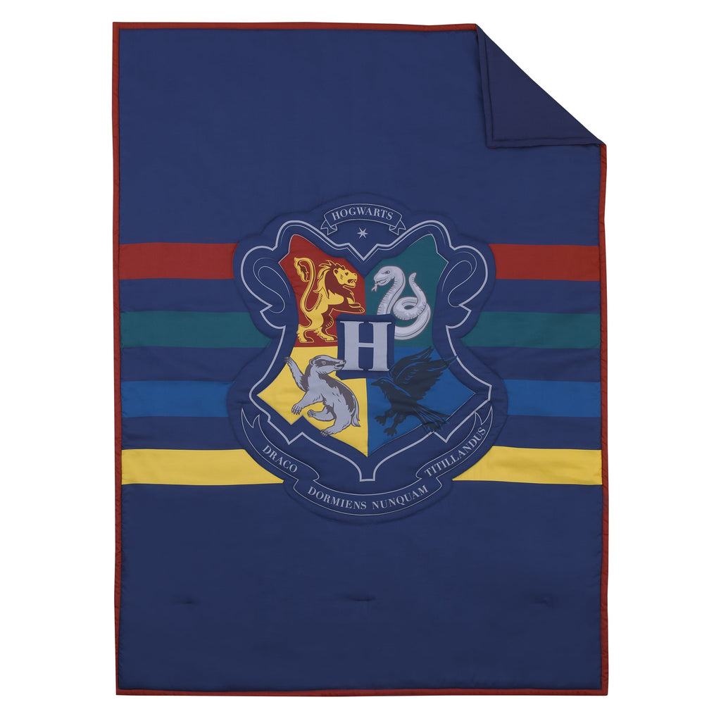 Harry Potter Wizarding World Navy, Gold, and Burgundy 4 Piece Toddler Bed Set - Comforter, Fitted Bottom Sheet, Flat Top Sheet, and Reversible Pillowcase