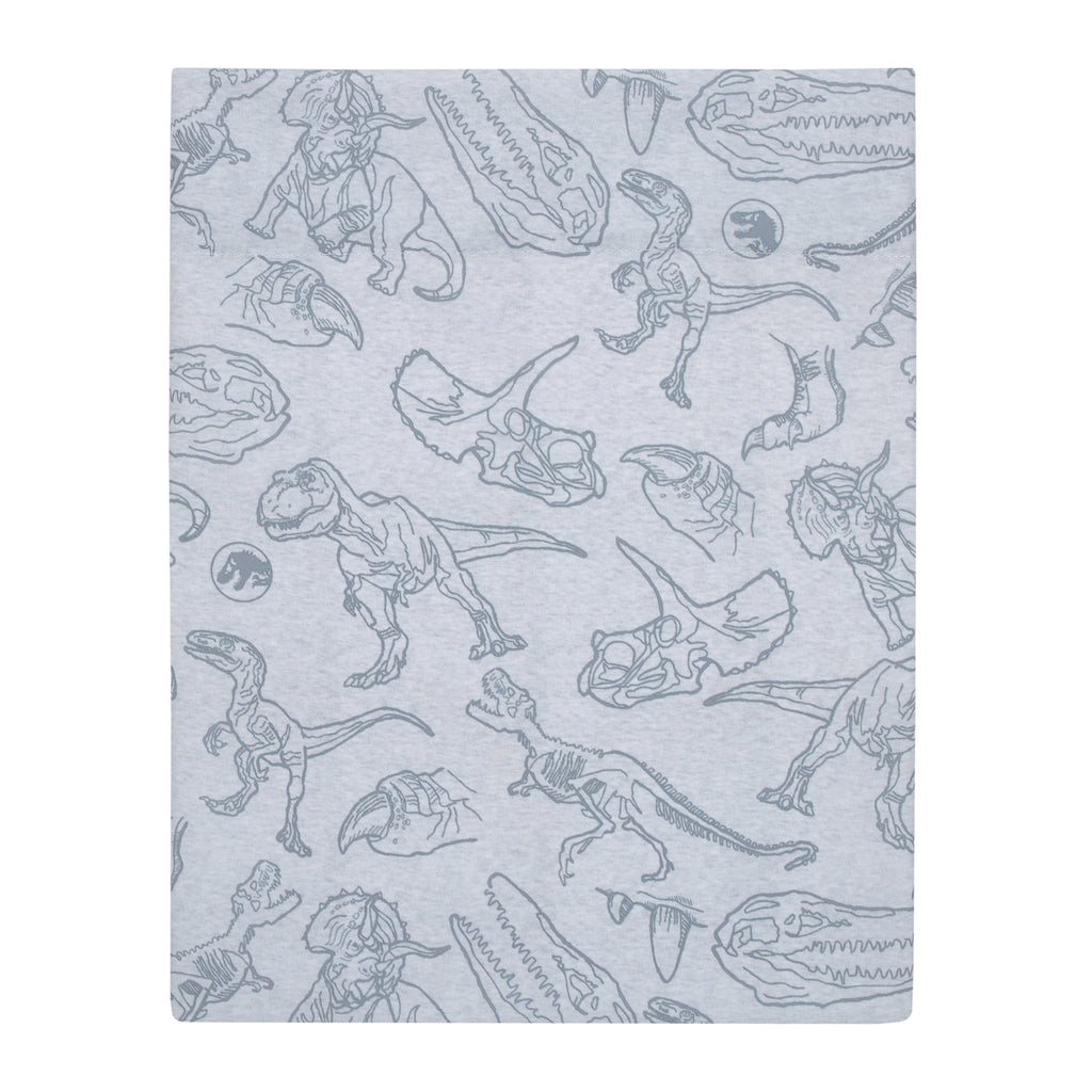 Universal Jurassic World Into The Wild Grey, White, Orange and Aqua T. Rex 4 Piece Toddler Bed Set - Comforter, Fitted Bottom Sheet, Flat Top Sheet and Reversible Pillowcase