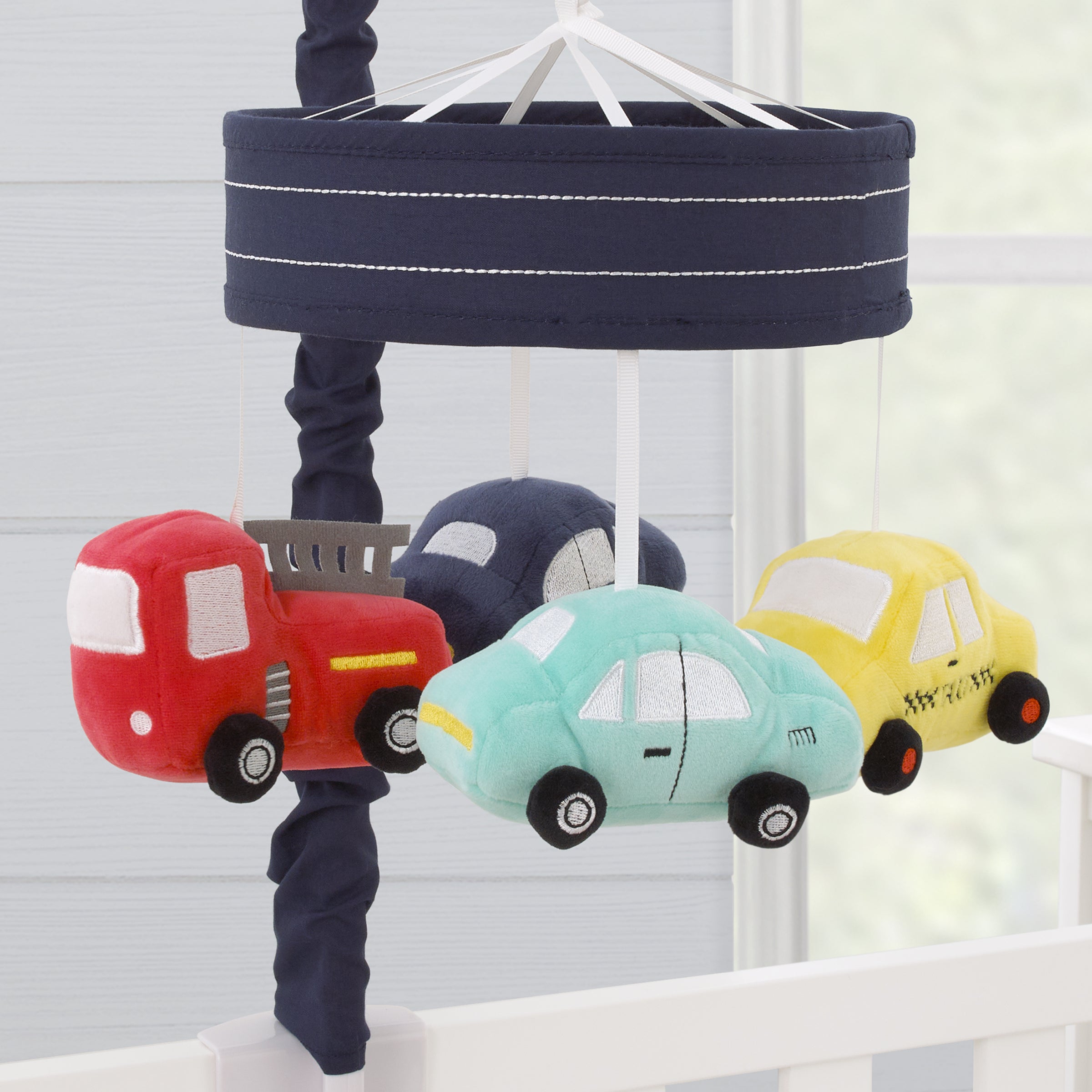 Transportation Trails Navy, Yellow, and Red Fire Engine, Cars, and Taxi Plush Musical Mobile