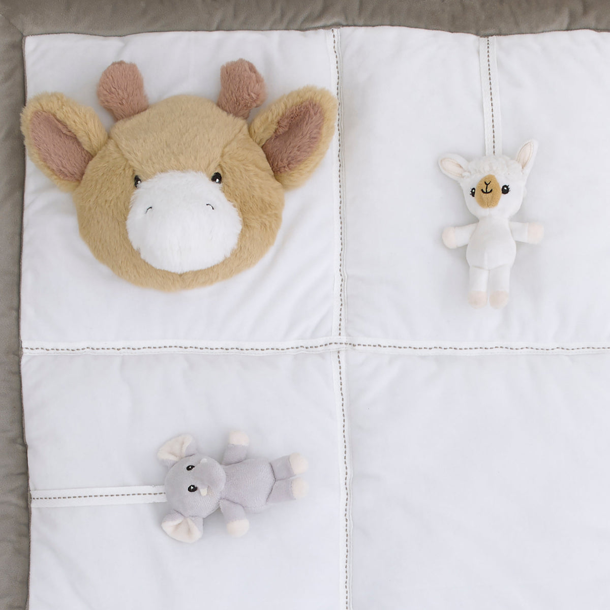 Playful Pals White, Tan, and Gray Four 3D Animals With Crinkle Plush Tummy Time Play Mat - Sloth, Llama, Elephant, and Giraffe