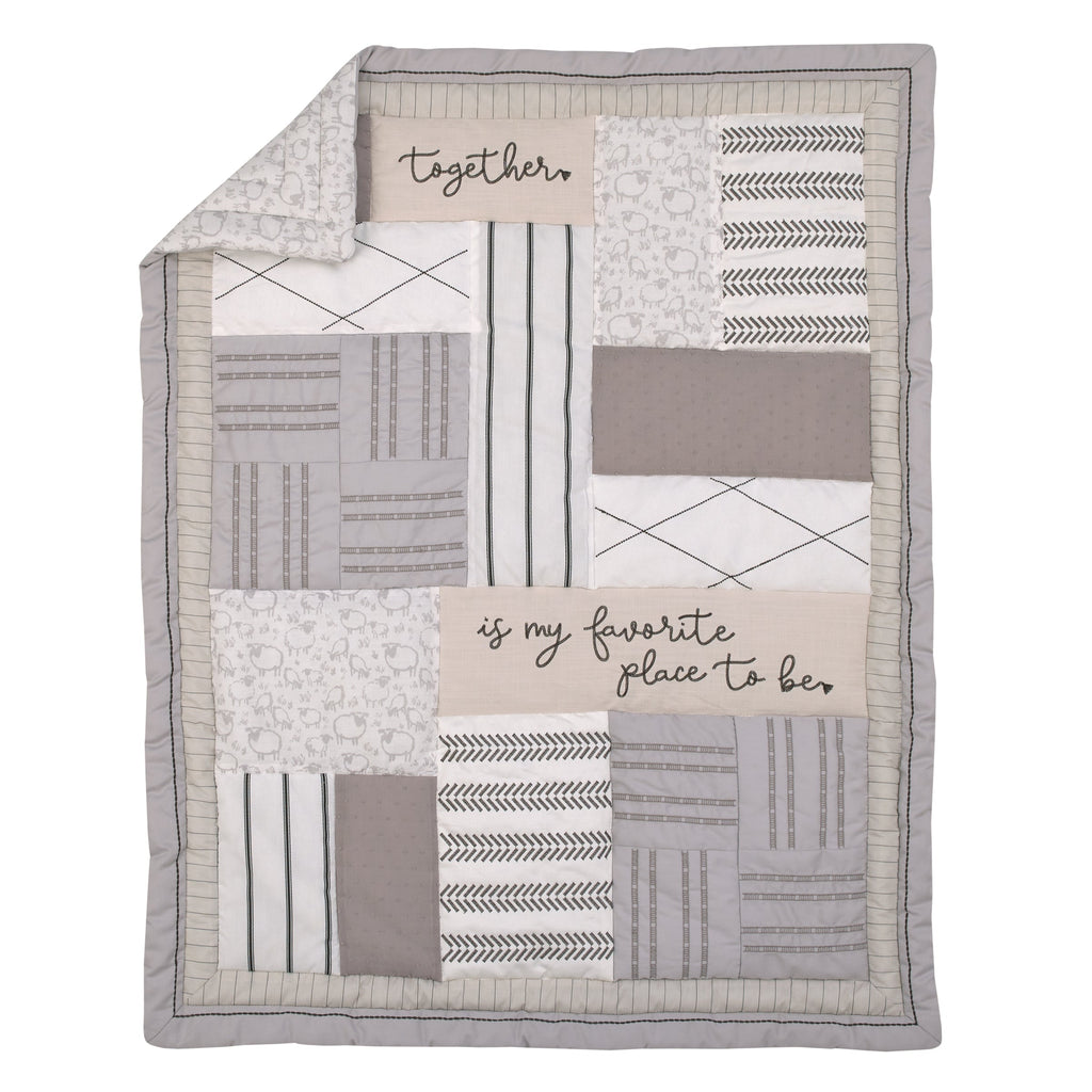 NoJo Together is Better White, Gray, and Taupe Stripes and Dots 4 Piece Nursery Crib Bedding Set - Comforter, 100% Cotton Fitted Crib Sheet, Crib Skirt, and Storage