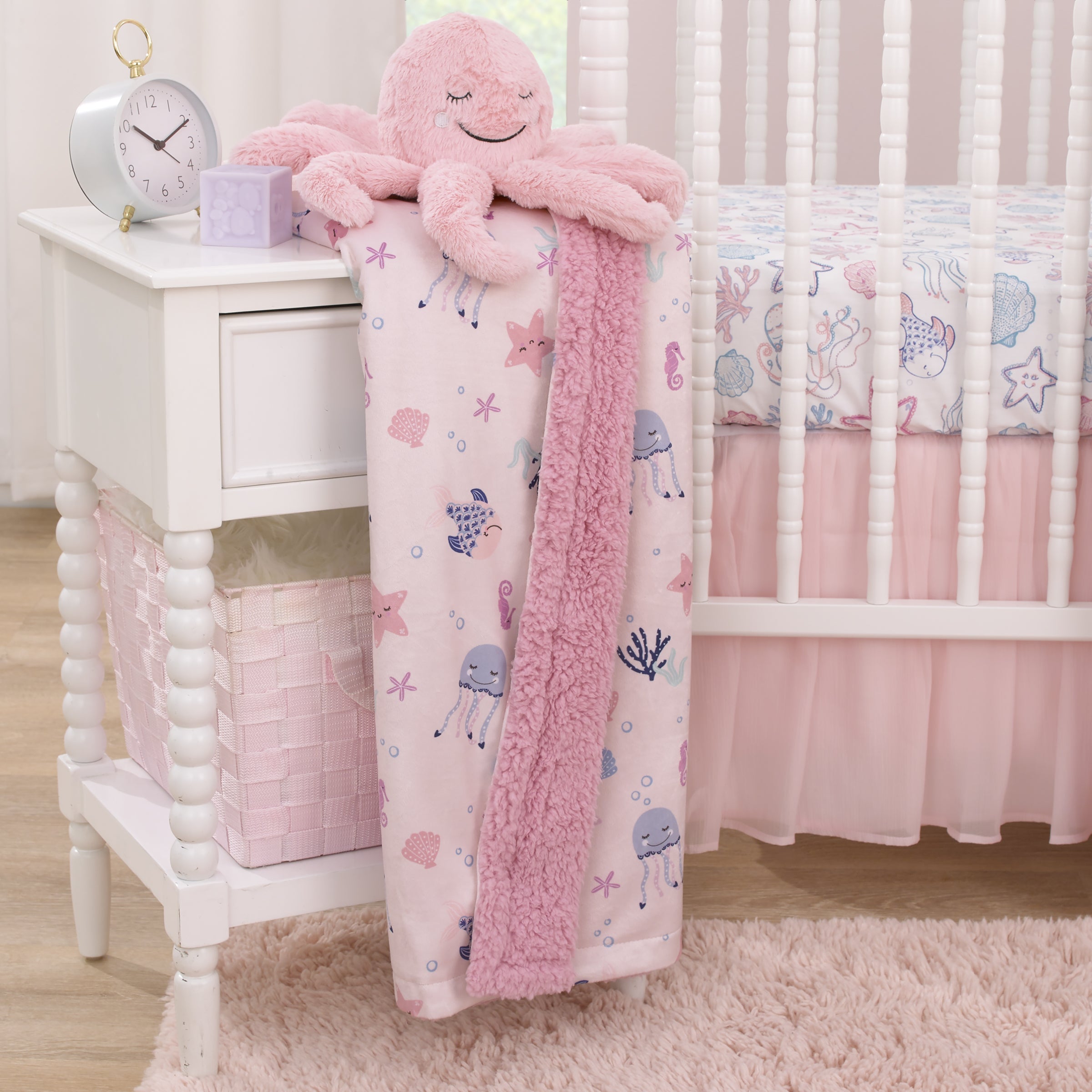 NoJo Mermaid Lagoon Pink and Blue Seashells, Jellyfish, Coral, and Seahorses Super Soft Sherpa Baby Blanket
