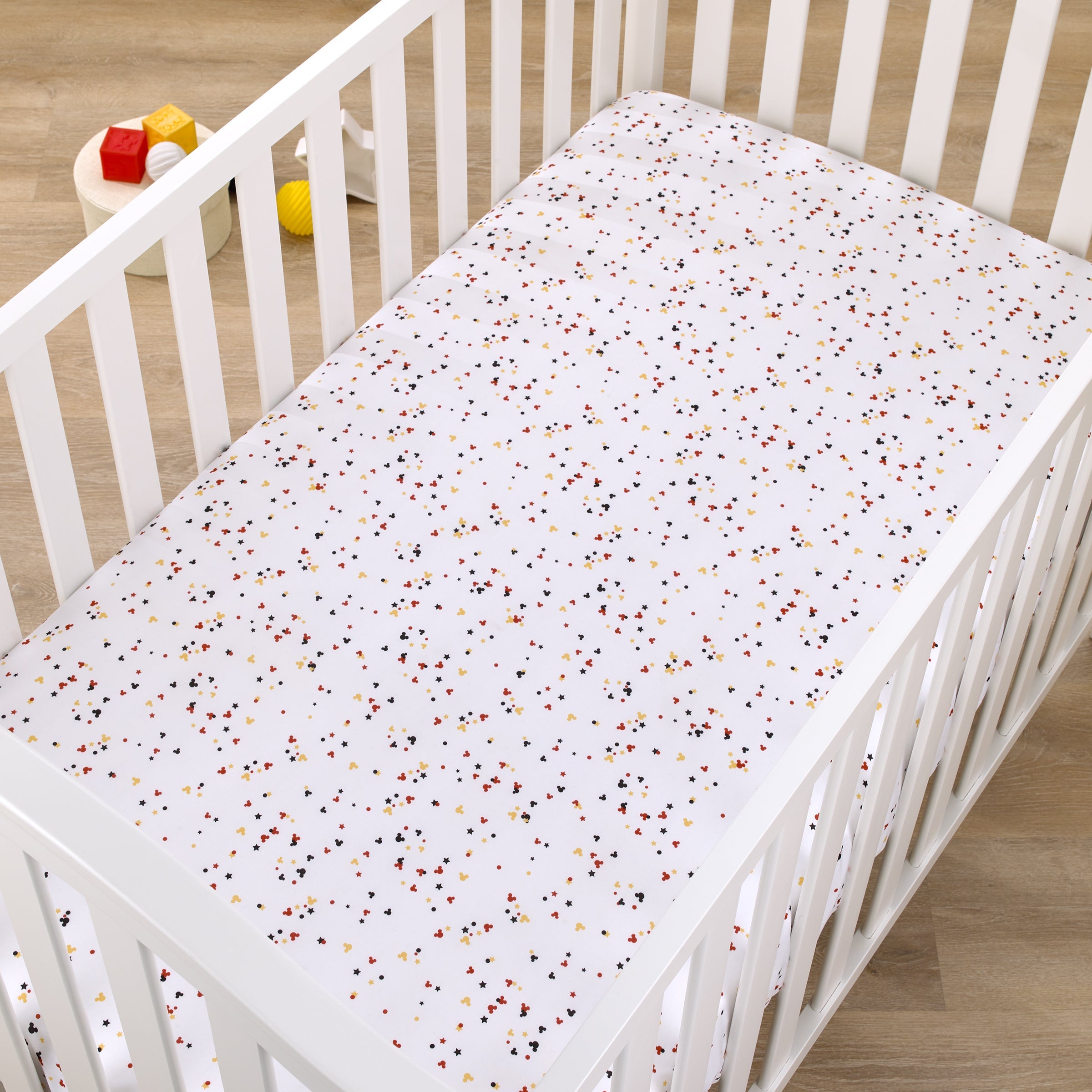 Mickey Mouse - Red, Yellow, Black and White Mickey Confetti Nursery Fitted Crib Sheet