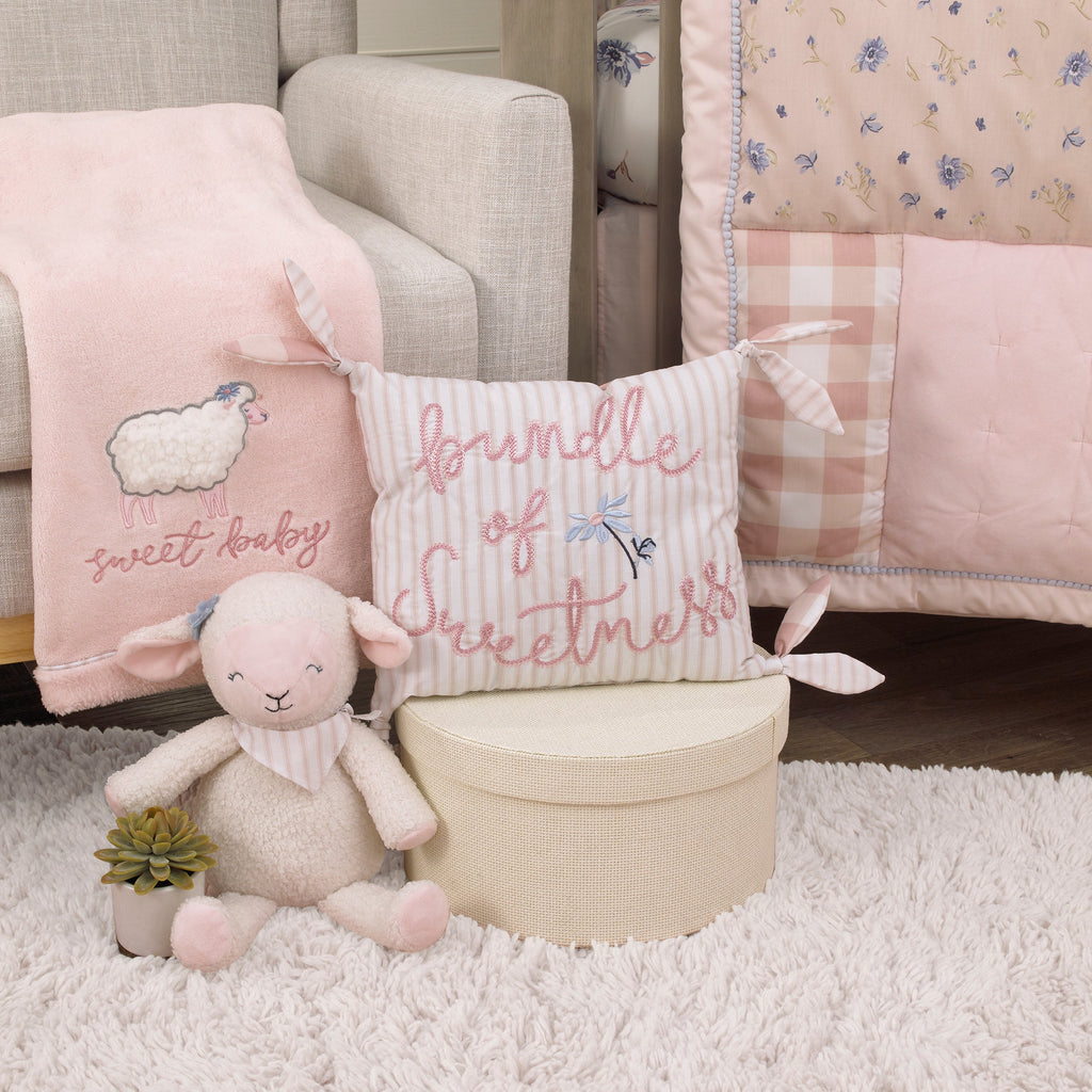 Farmhouse Chic Pink and White Stripe "Bundle of Sweetness" Decorative Throw Pillow with Knotted Ties