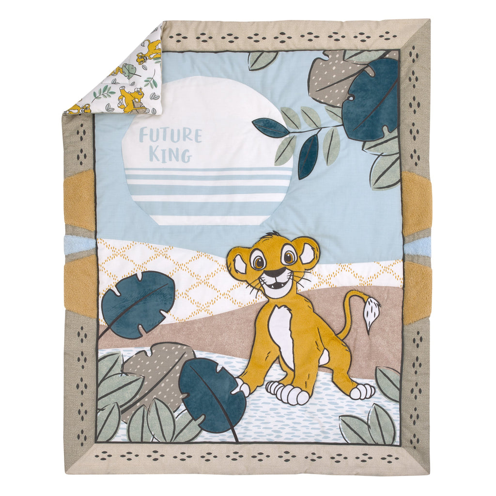 Lion King Blue, Green, Taupe and Gold Simba Future King 3 Piece Nursery Crib Bedding Set - Comforter, Cotton Fitted Crib Sheet, and Crib Skirt