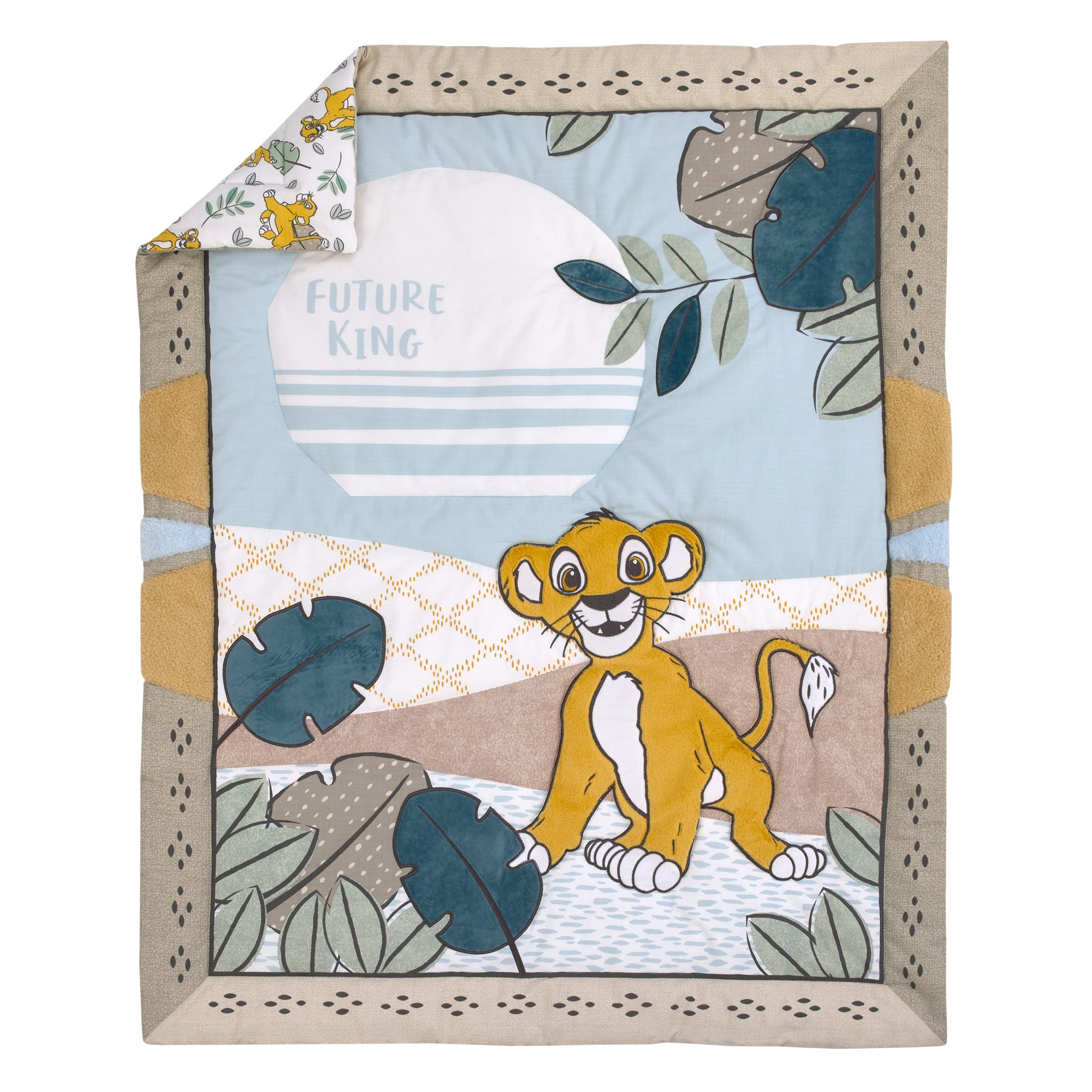 Lion King Blue, Green, Taupe and Gold Simba Future King 3 Piece Nursery Crib Bedding Set - Comforter, Cotton Fitted Crib Sheet, and Crib Skirt