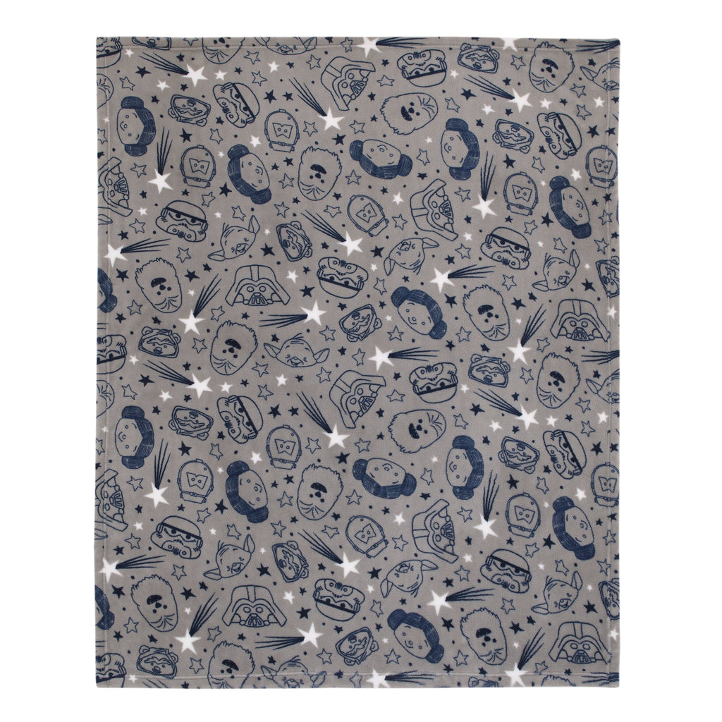 Star Wars Welcome to the Galaxy Navy and Gray Princess Leia, R2-D2, Chewbacca, and C-3PO Super Soft Toddler Blanket