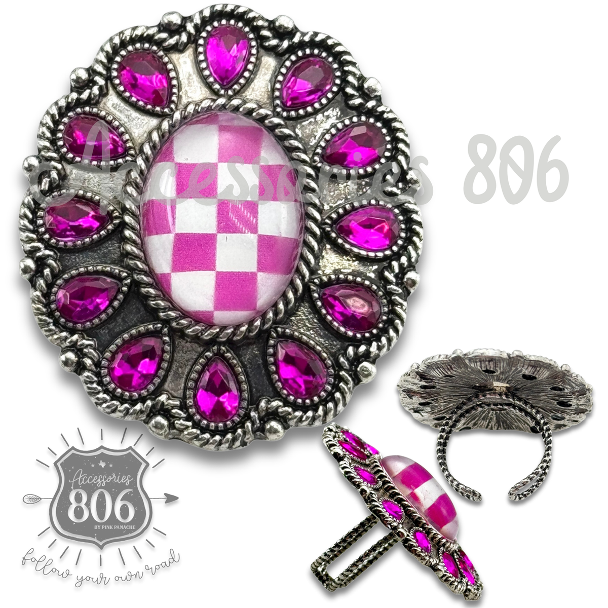 Western oval rhinestone ring with checkerboard inlay