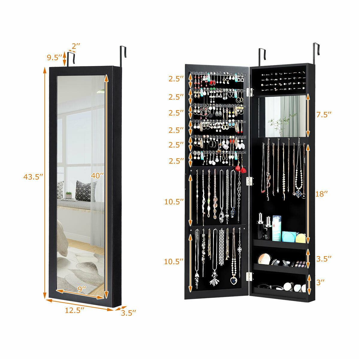 Full Length Mirror Jewelry Cabinet with Ring Slots and Necklace Hooks