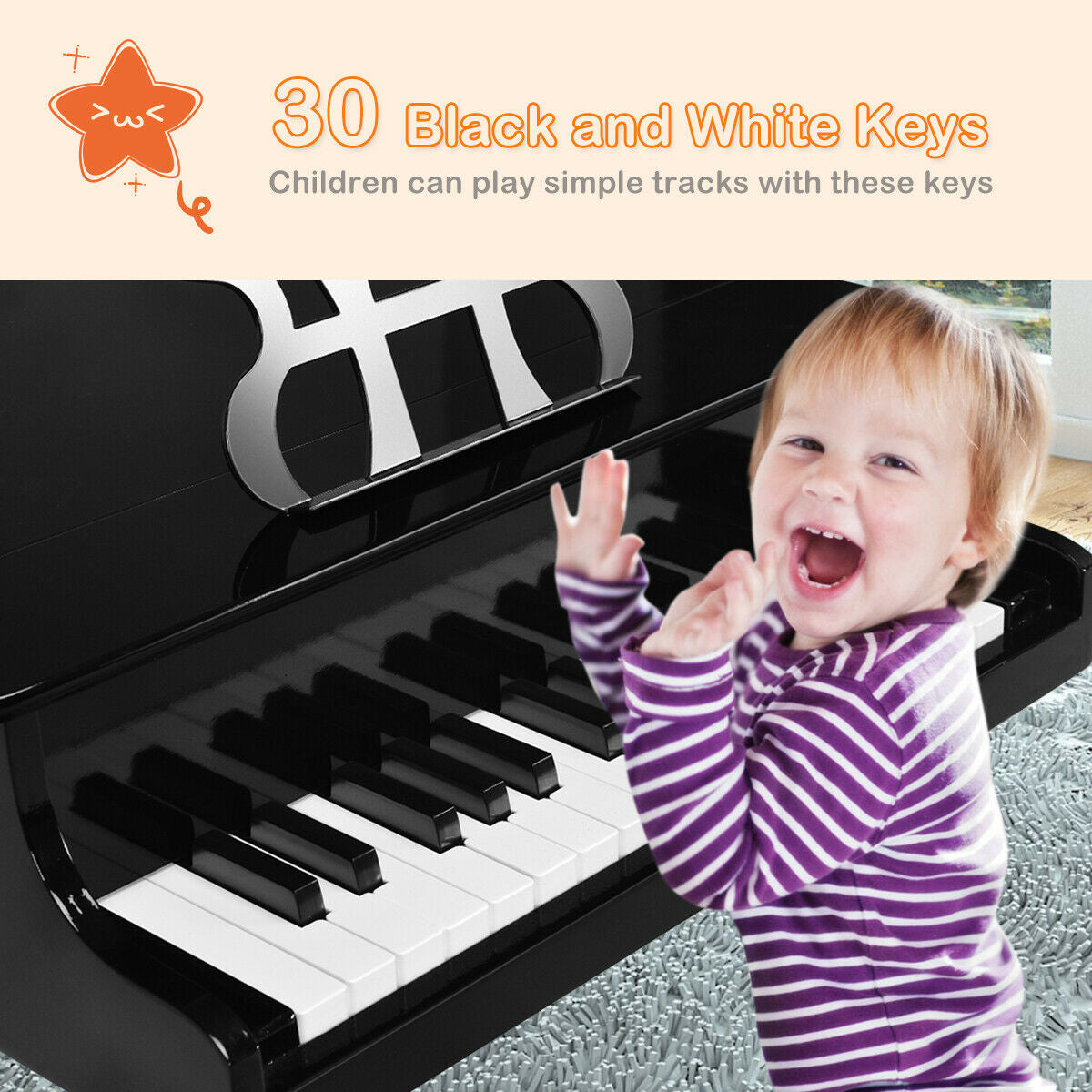 30-Key Wood Toy Kids Grand Piano with Bench