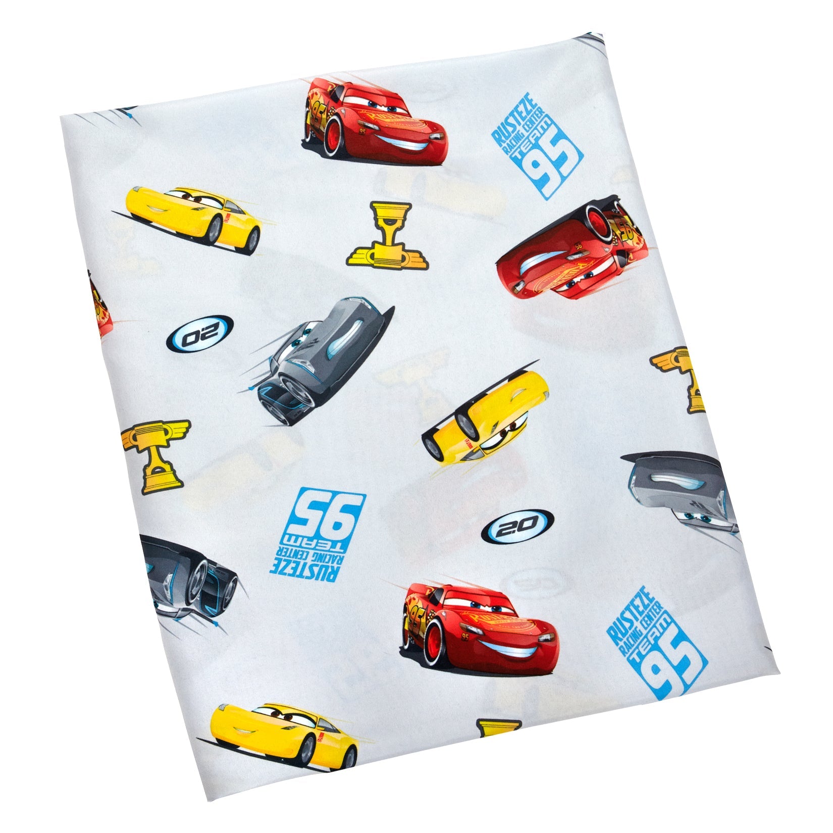 Disney Cars Rusteze Racing Team Blue, Red , and Yellow Amigo Cruz Ramirez and Jackson Storm 4 Piece Toddler Bed Set - Comforter, Fitted Bottom Sheet, Flat Top Sheet, and Reversible Pillowcase