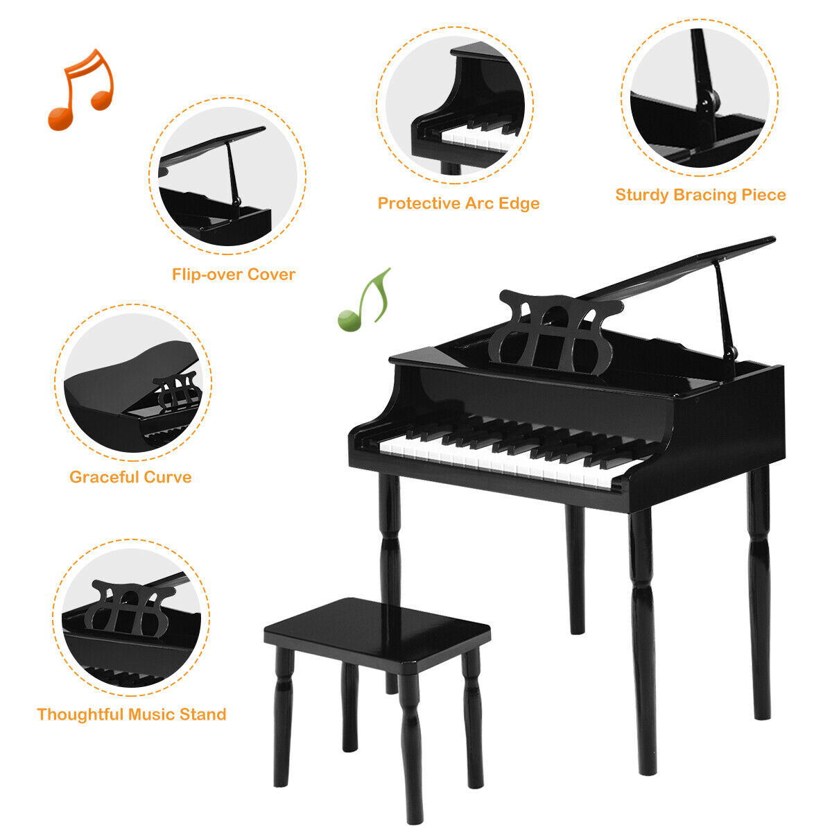 30-Key Wood Toy Kids Grand Piano with Bench