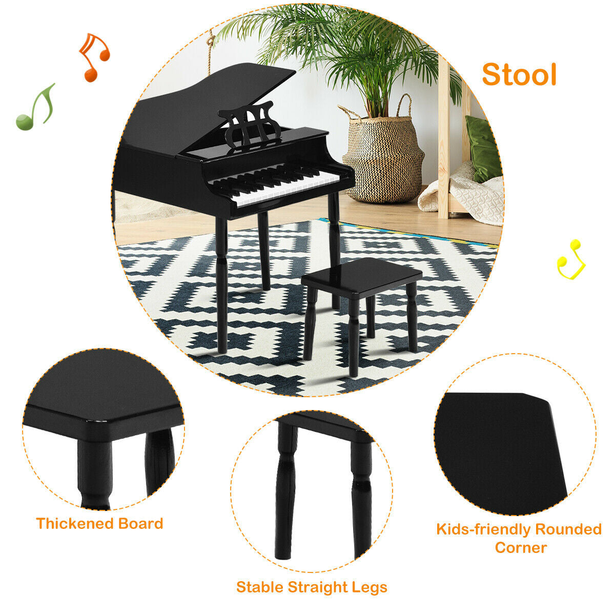 30-Key Wood Toy Kids Grand Piano with Bench