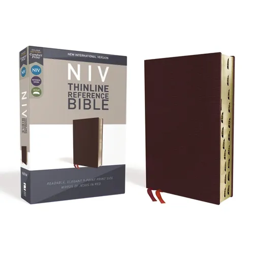 NIV, Thinline Reference Bible, Bonded Leather, Burgundy, Red Letter Edition, Indexed, Comfort Print - Bonded Leather