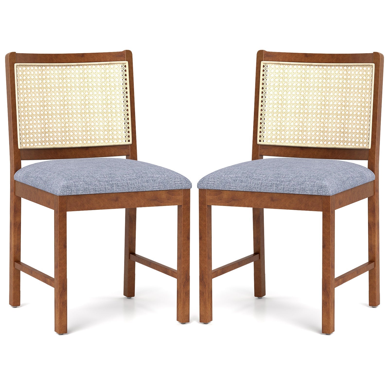 Rattan Dining Chair Set of 2 with Rubber Wood Frame and Linen Fabric Padded Seat-Walnut