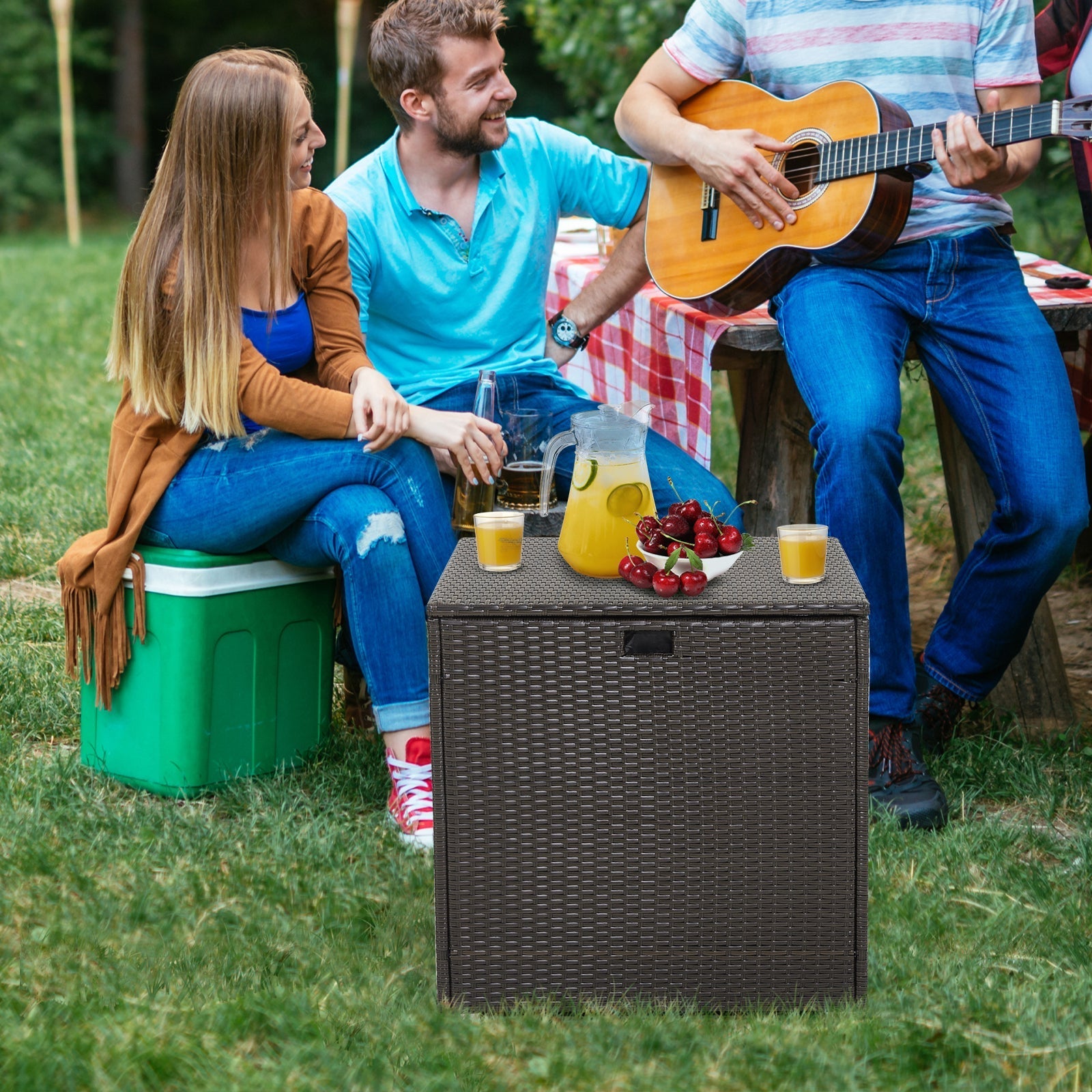 72 Gallon Rattan Outdoor Storage Box with Zippered Liner and Solid Pneumatic Rod