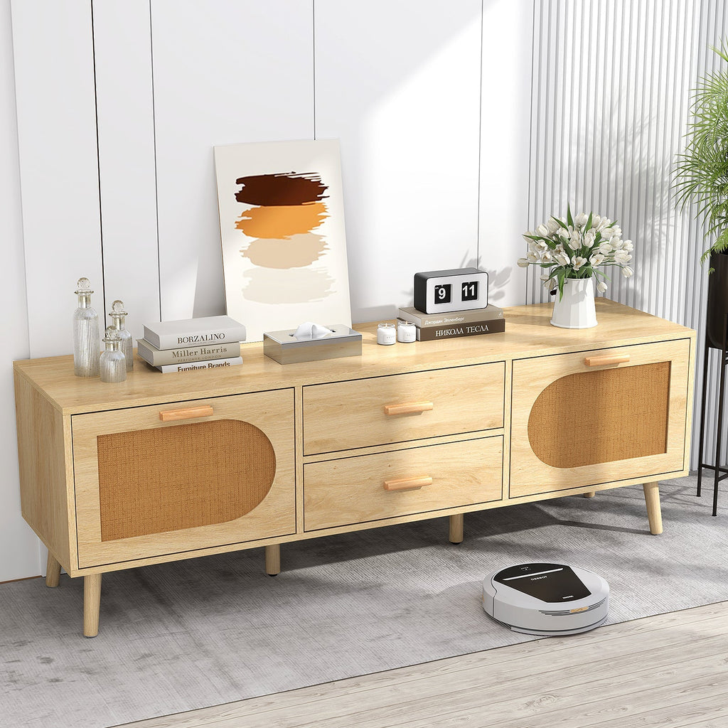 Rattan TV Stand for 65-Inch TV with Drawers and Solid Wood Legs-Natural
