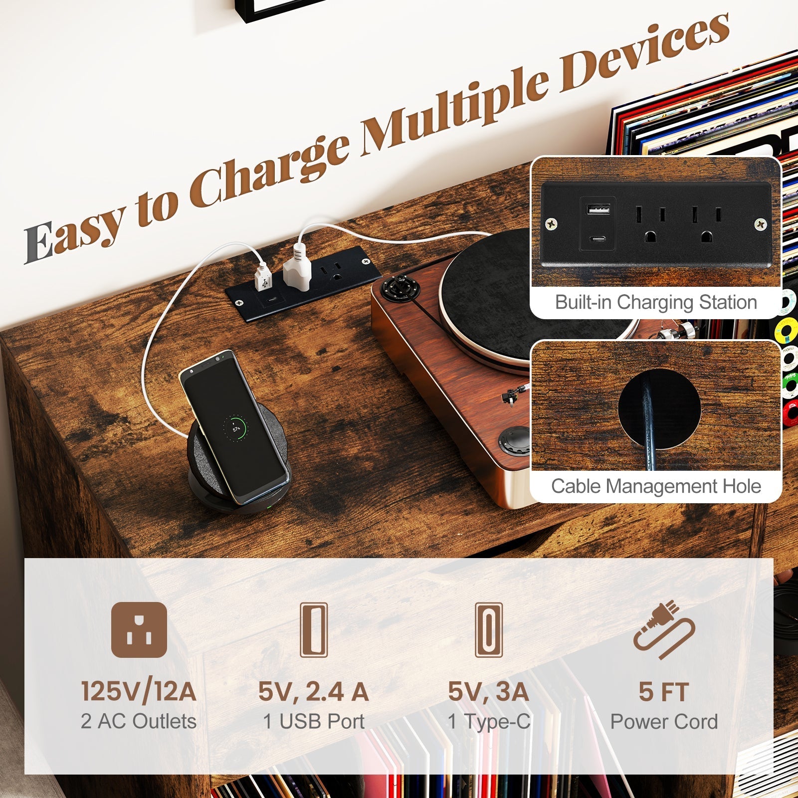 Record Player Stand with Power Outlet-Rustic Brown