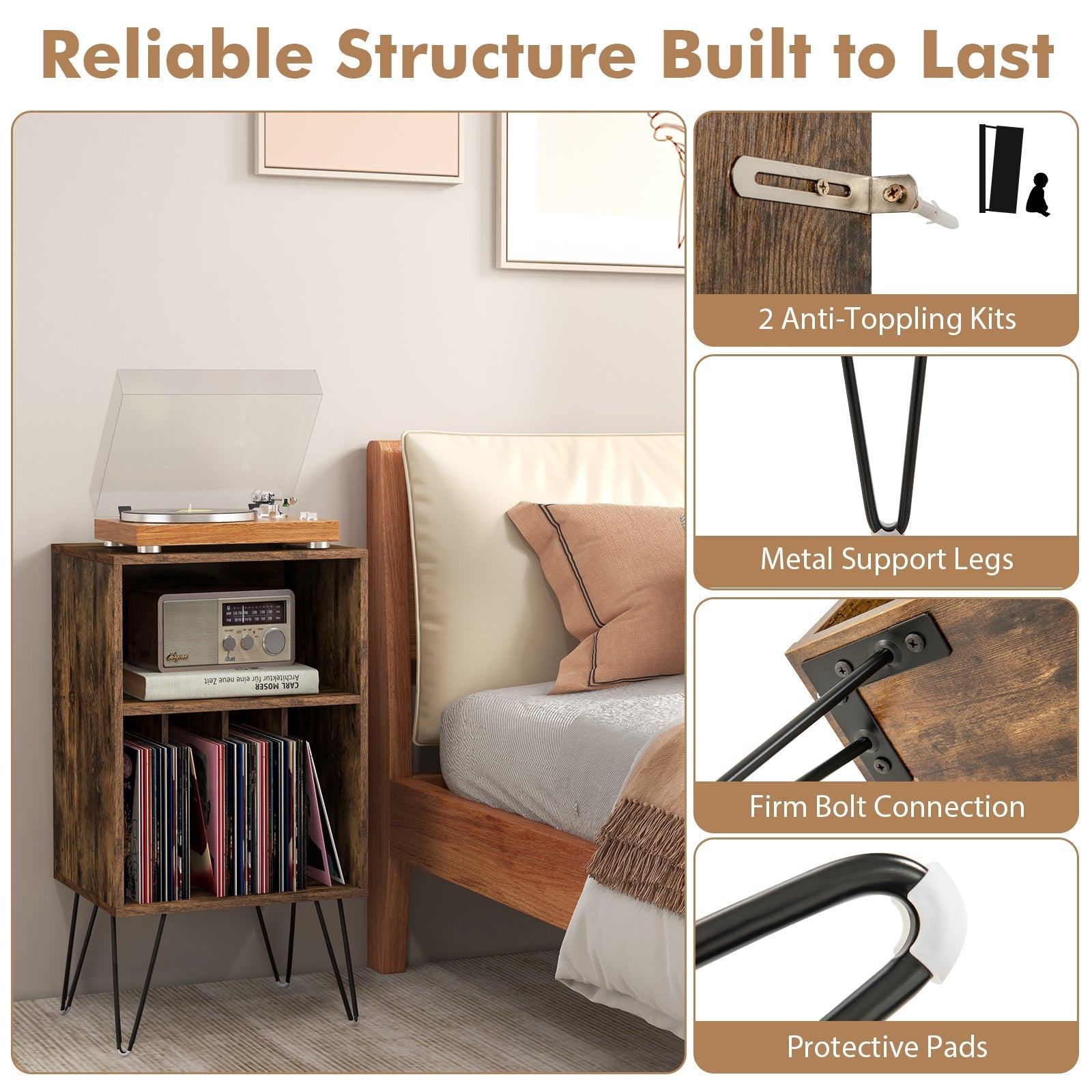 Record Player Stand with Charging Station