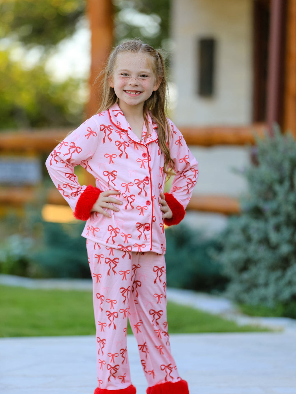 Bow Girls Pajama Set with Furry Trim
