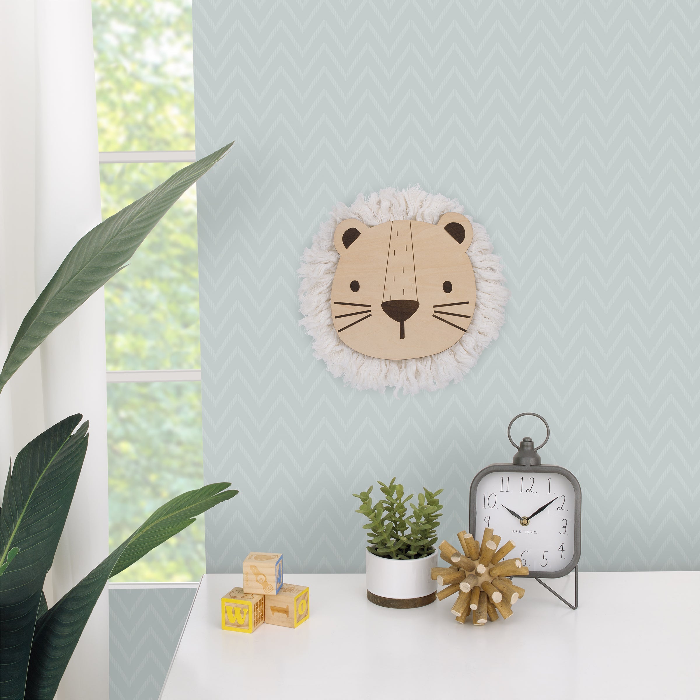 Natural Wood Lion Wall Decor with Ivory Yarn Mane