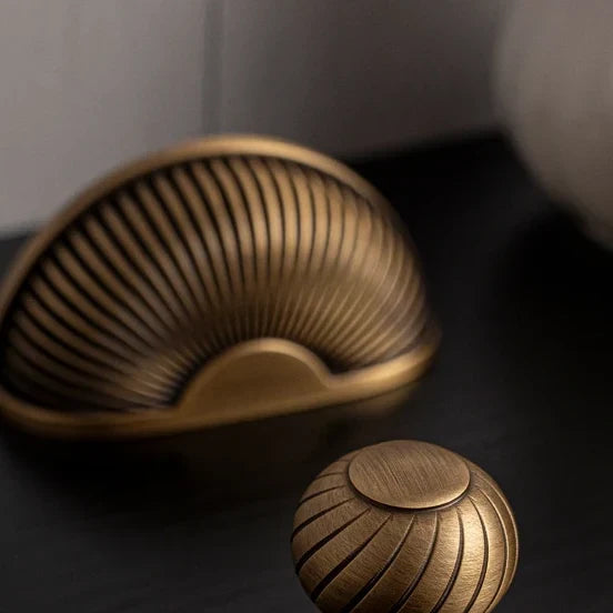 Ribbed Shell Solid Brass Cup Pull, Antique Brass