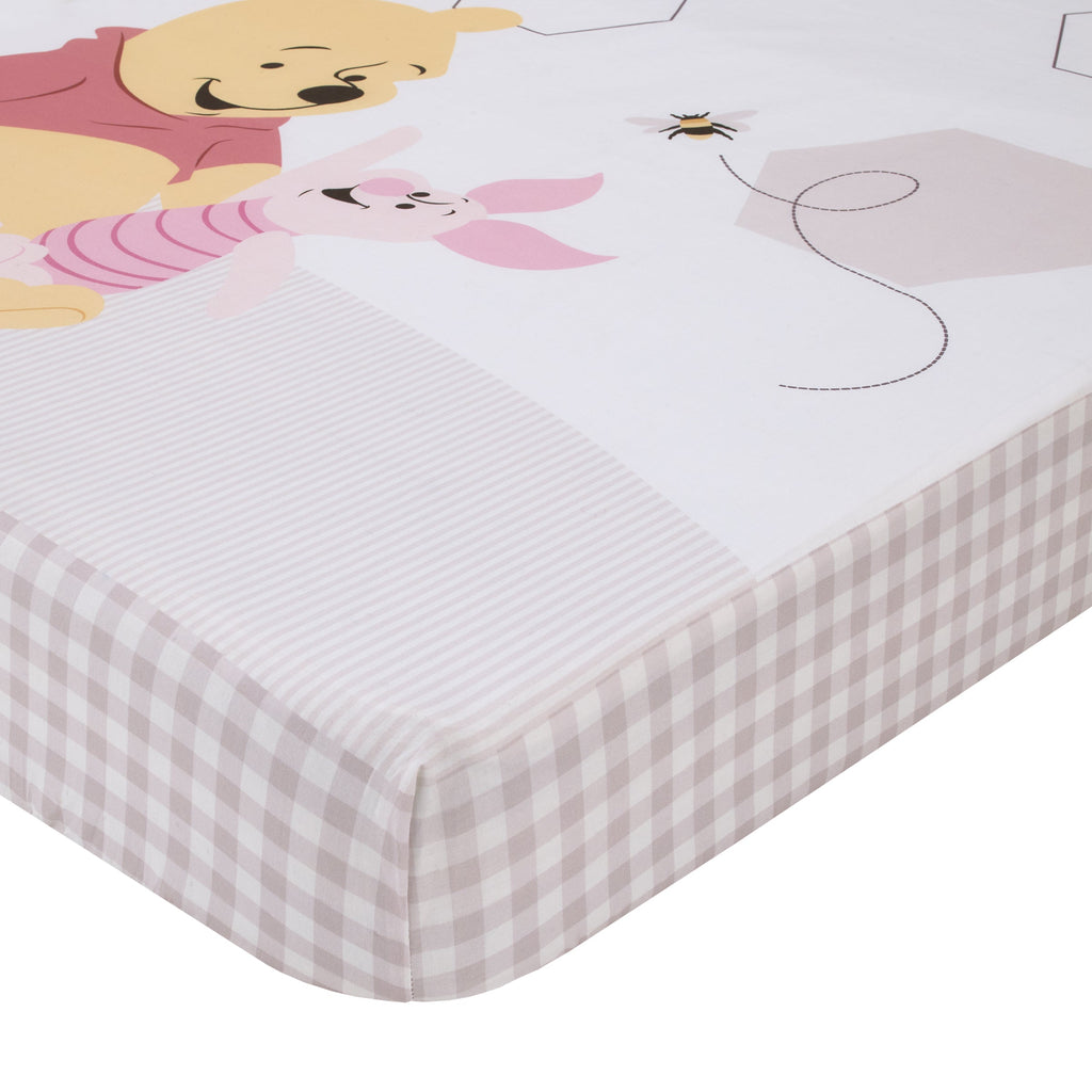 Winnie the Pooh Hugs and Honeycombs Grey and White "Dreams as Sweet as Honey" with Hexagons and Piglet 100% Cotton Photo Op Fitted Crib Sheet