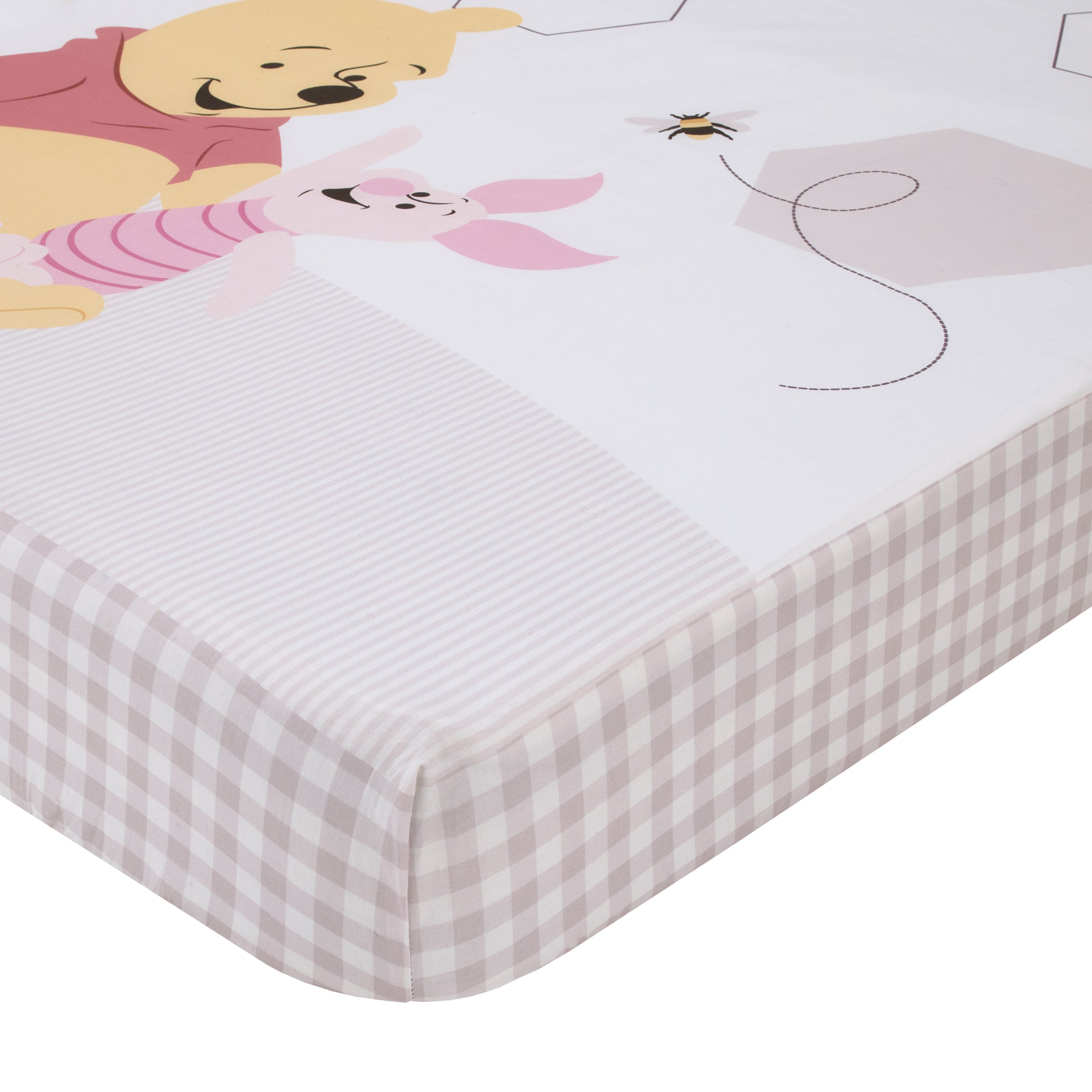 Winnie the Pooh Hugs and Honeycombs Grey and White "Dreams as Sweet as Honey" with Hexagons and Piglet 100% Cotton Photo Op Fitted Crib Sheet